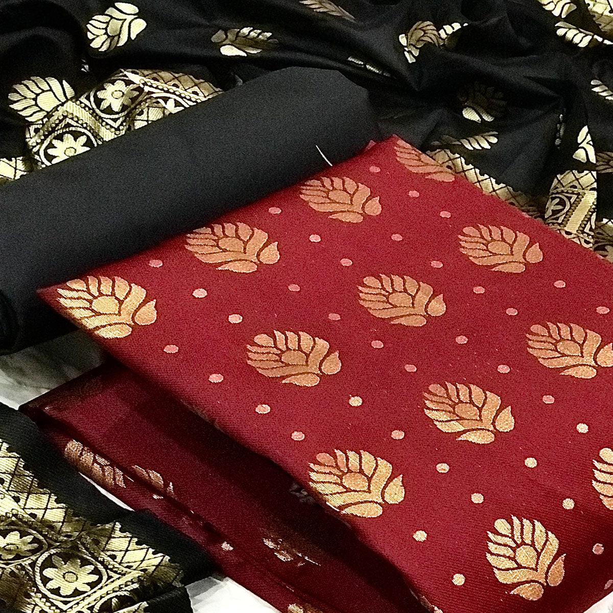 Maroon Festive Wear Woven Banarasi Silk Dress Material - Peachmode