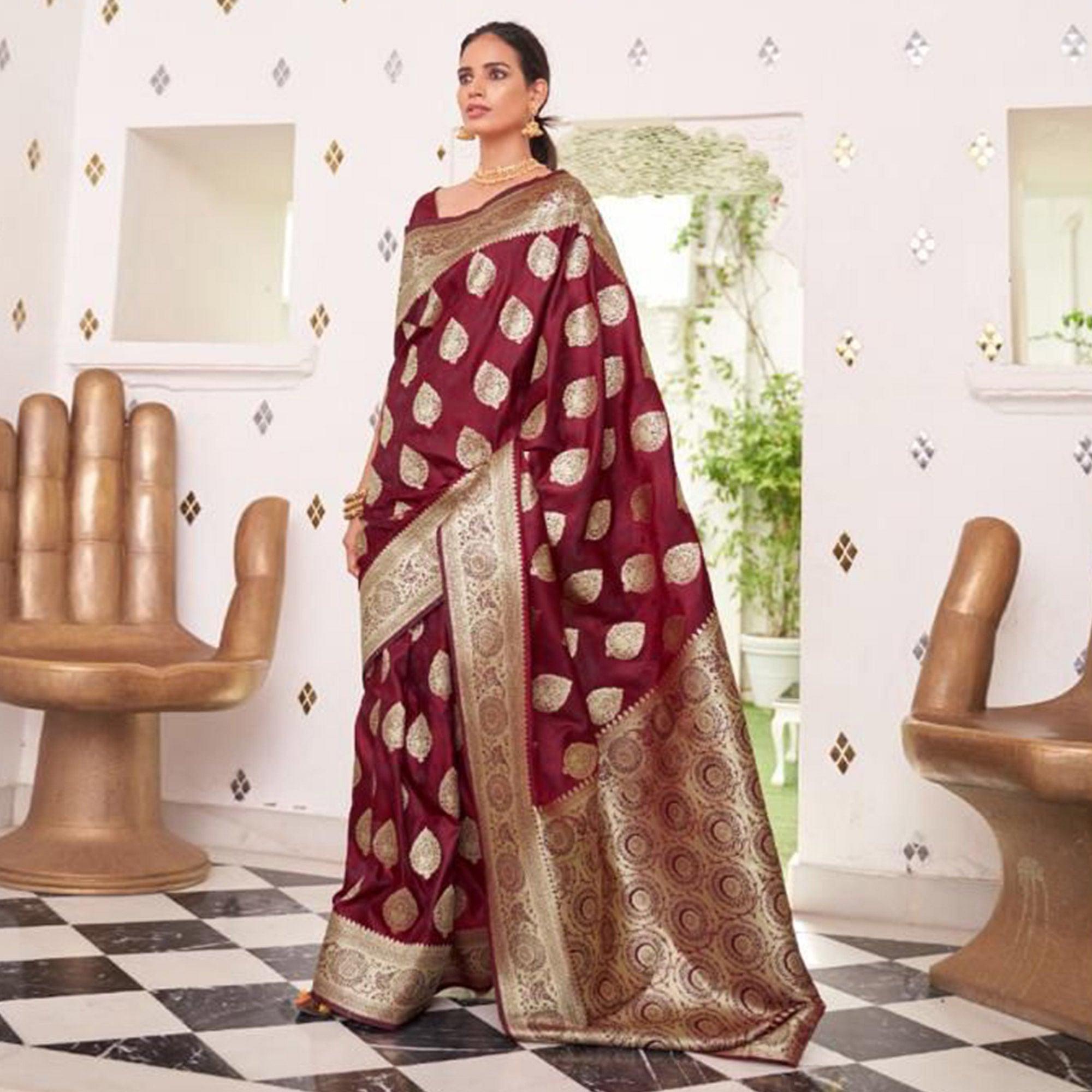 Maroon Festive Wear Woven Banarasi Silk Saree - Peachmode