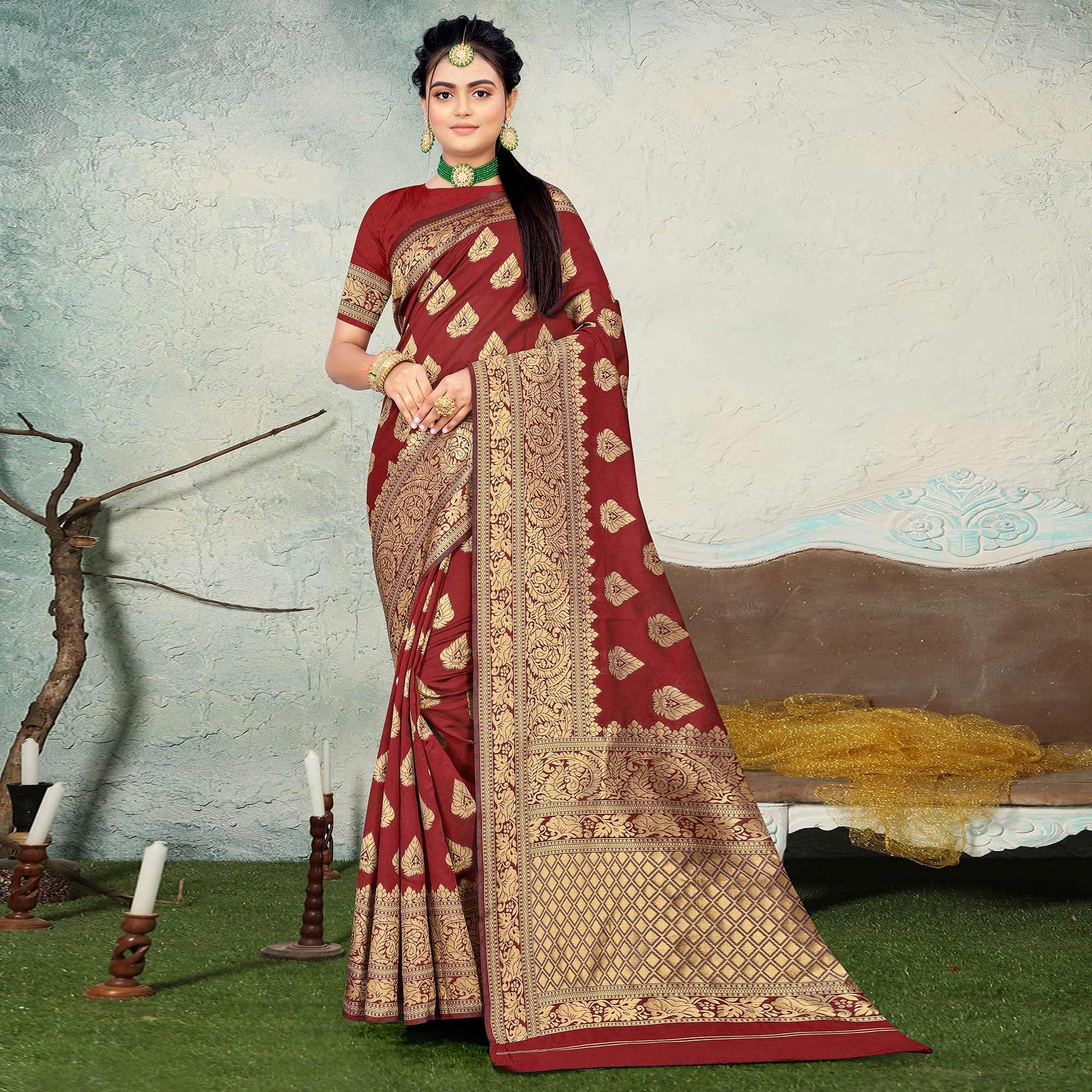Maroon Festive Wear Woven Banarasi Silk Saree - Peachmode