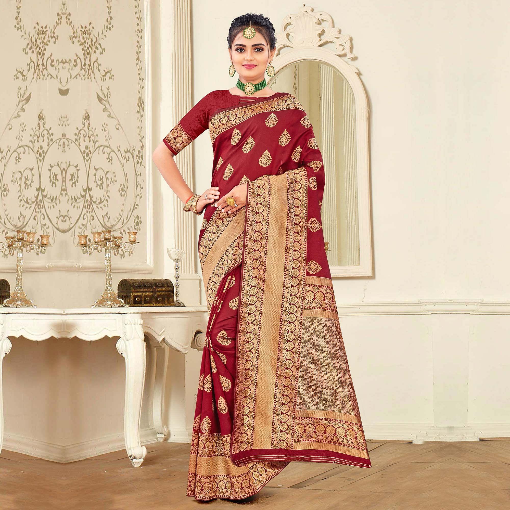 Maroon Festive Wear Woven Banarasi Silk Saree - Peachmode