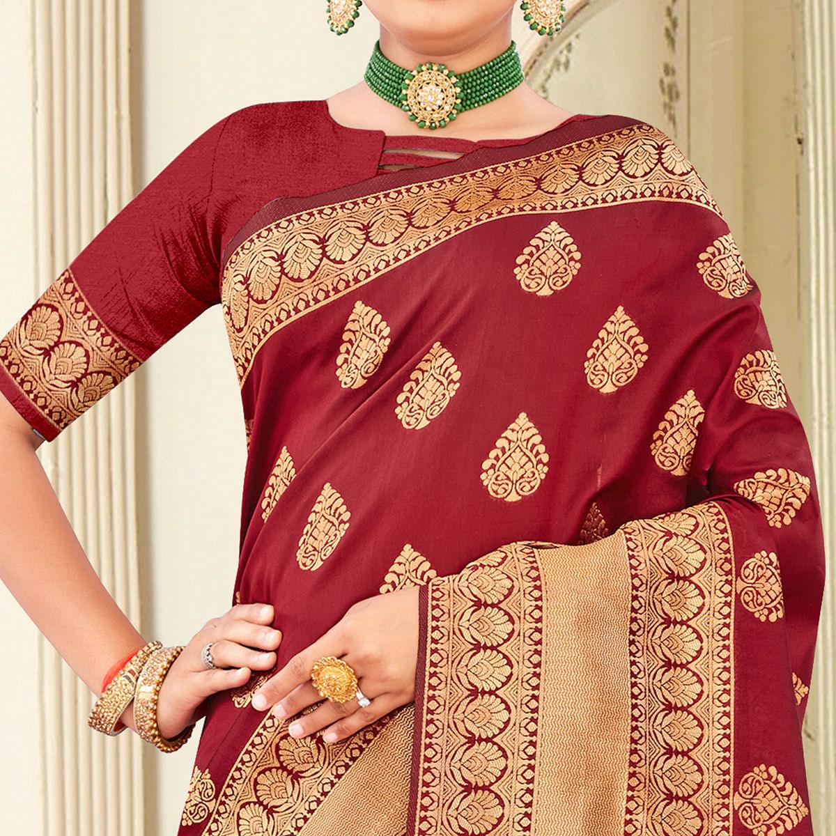 Maroon Festive Wear Woven Banarasi Silk Saree - Peachmode
