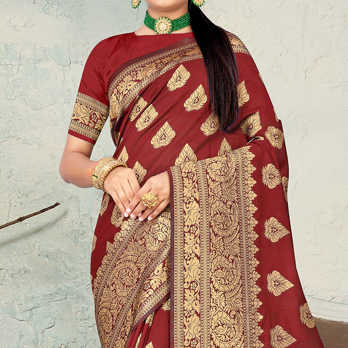 Maroon Festive Wear Woven Banarasi Silk Saree - Peachmode