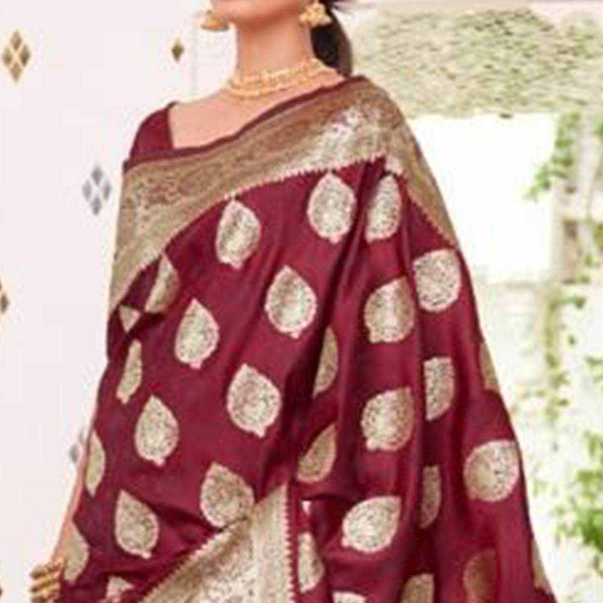 Maroon Festive Wear Woven Banarasi Silk Saree - Peachmode