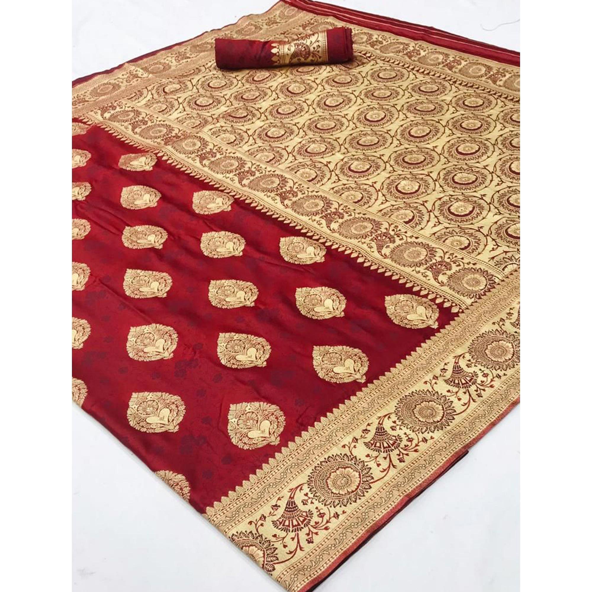 Maroon Festive Wear Woven Banarasi Silk Saree - Peachmode