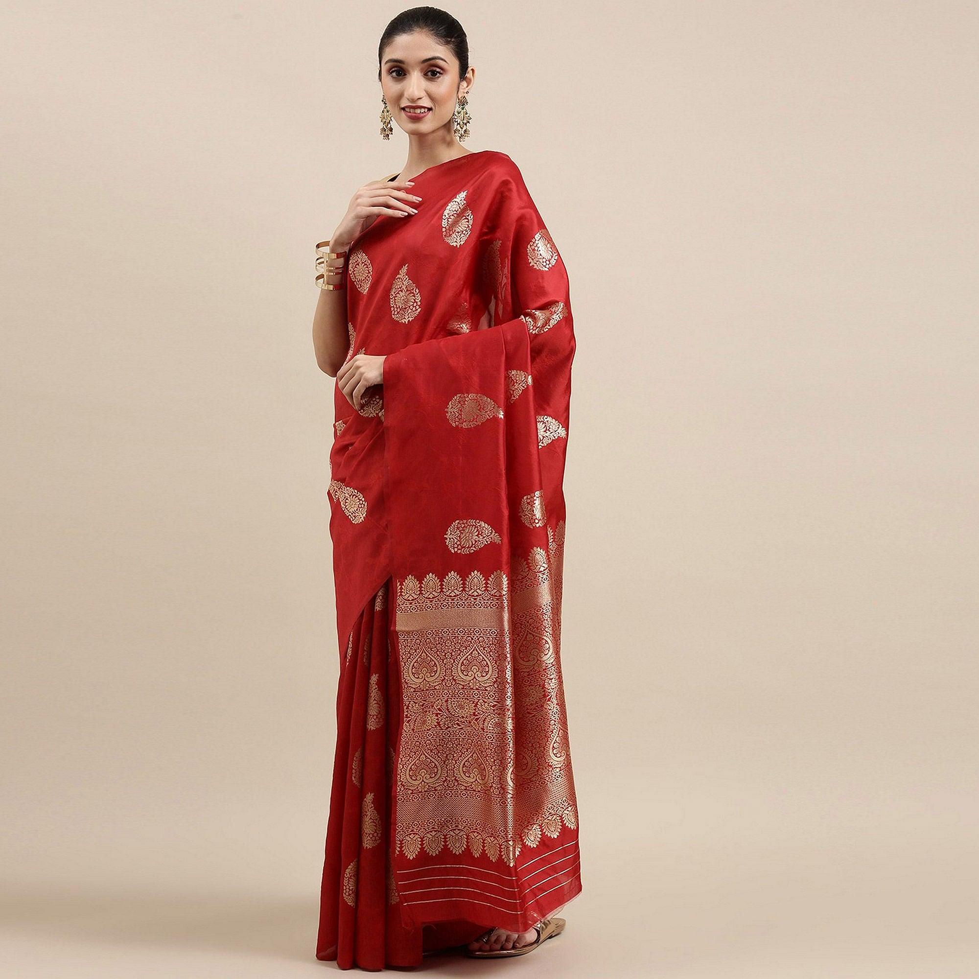 Maroon Festive Wear Woven Cotton Silk Designer Saree - Peachmode