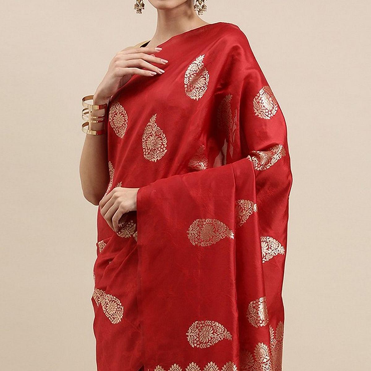 Maroon Festive Wear Woven Cotton Silk Designer Saree - Peachmode