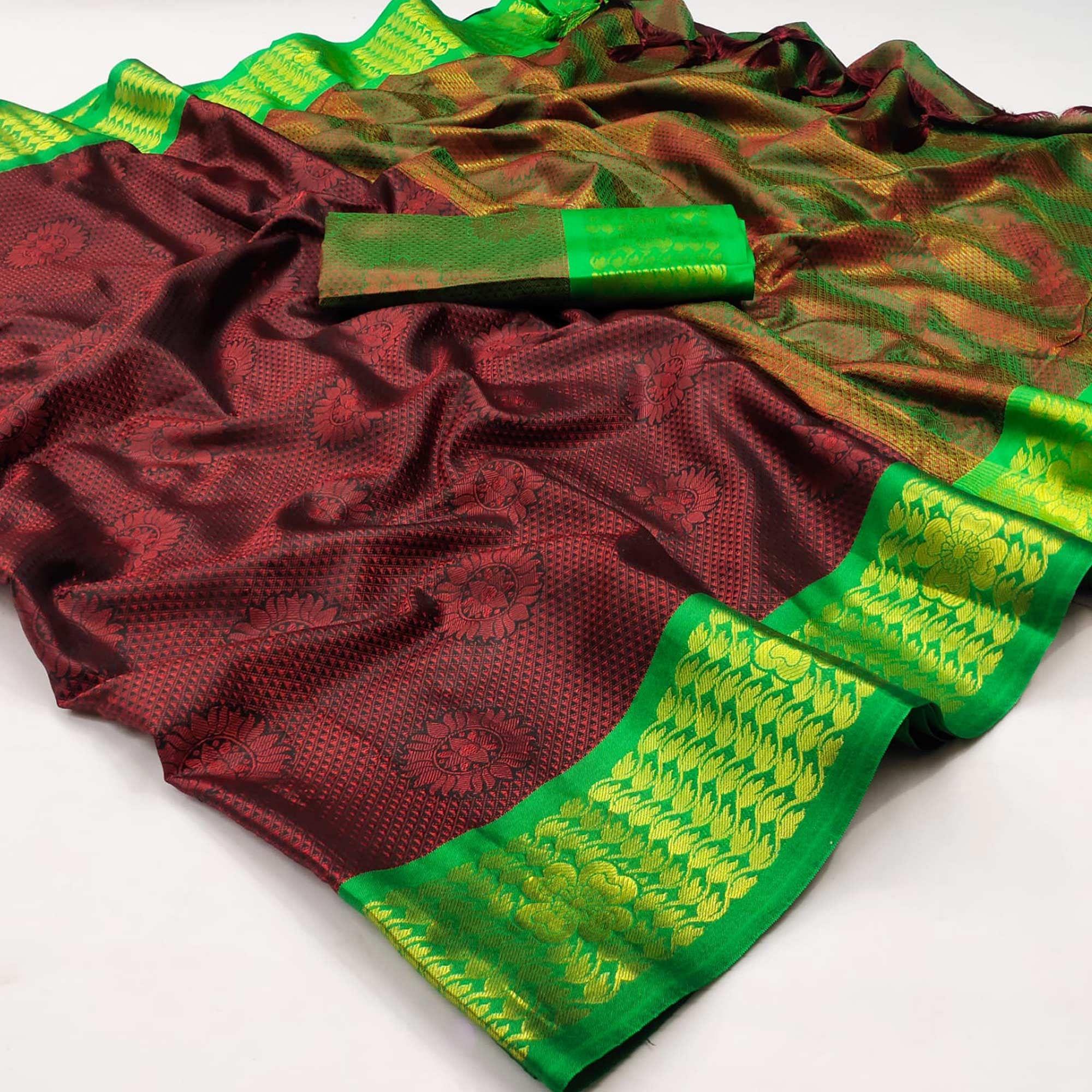Maroon Festive Wear Woven Cotton Silk Saree - Peachmode