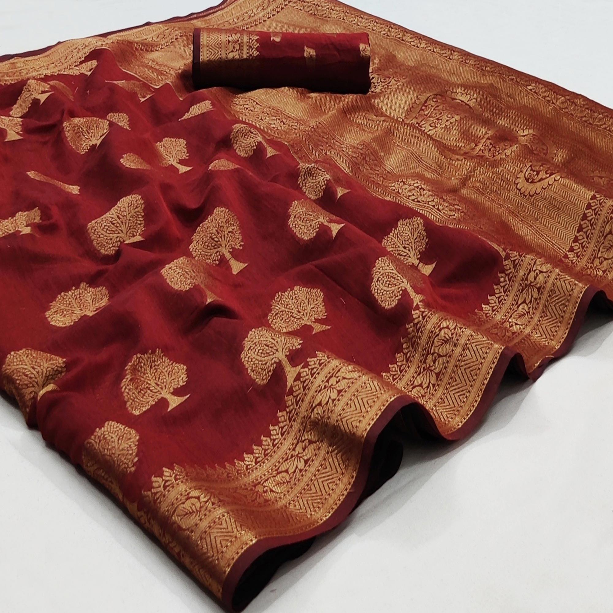 Maroon Festive Wear Woven Cotton Silk Saree With Jacquard Border - Peachmode