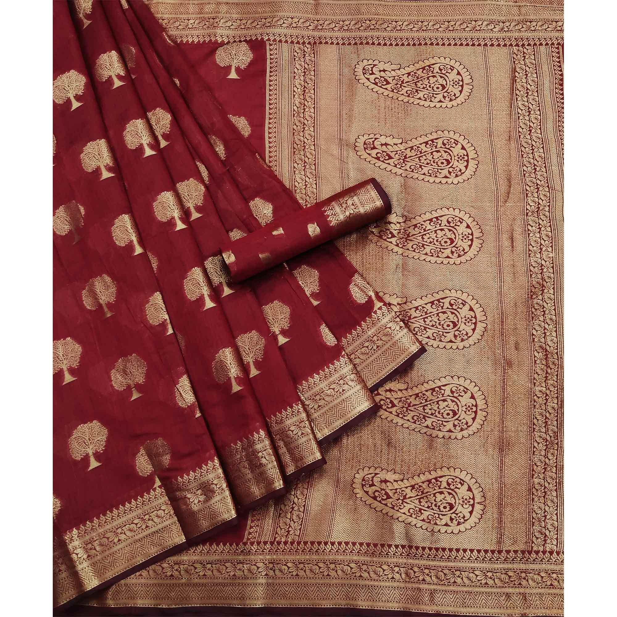 Maroon Festive Wear Woven Cotton Silk Saree With Jacquard Border - Peachmode