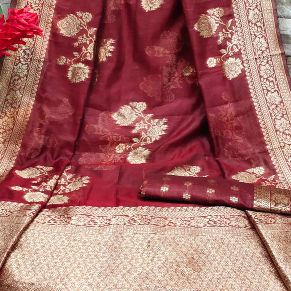 Maroon Festive Wear Woven Jacquard Silk Saree - Peachmode