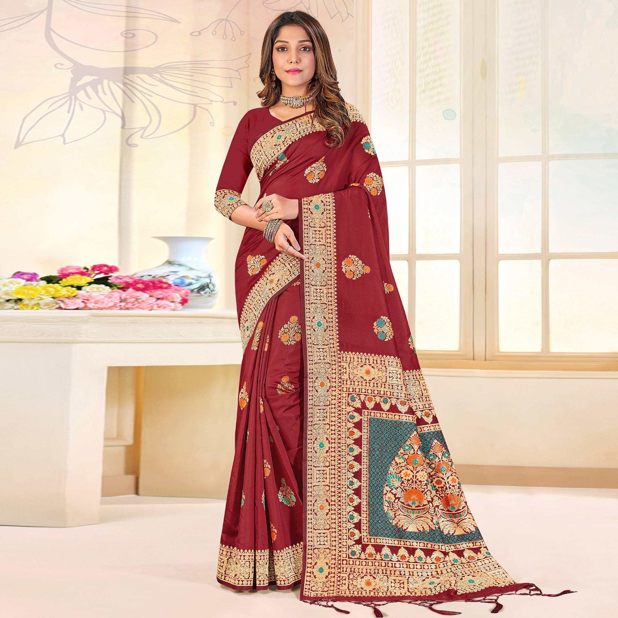 Maroon Festive Wear Woven Jari Border Soft Silk Saree - Peachmode