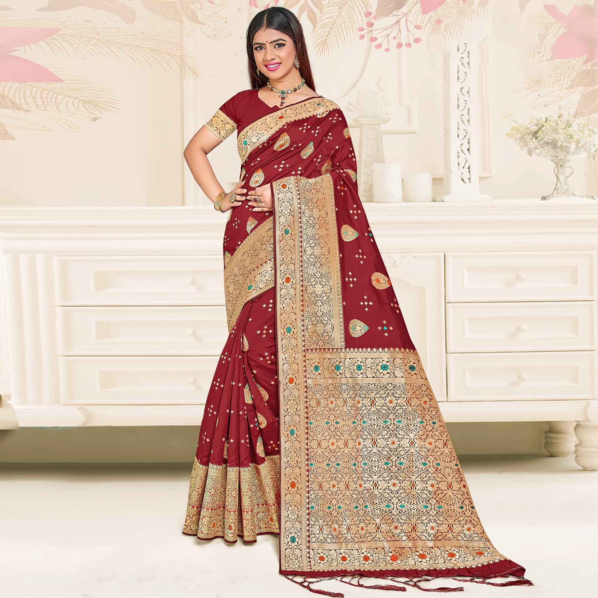 Maroon Festive Wear Woven Jari Border Soft Silk Saree - Peachmode