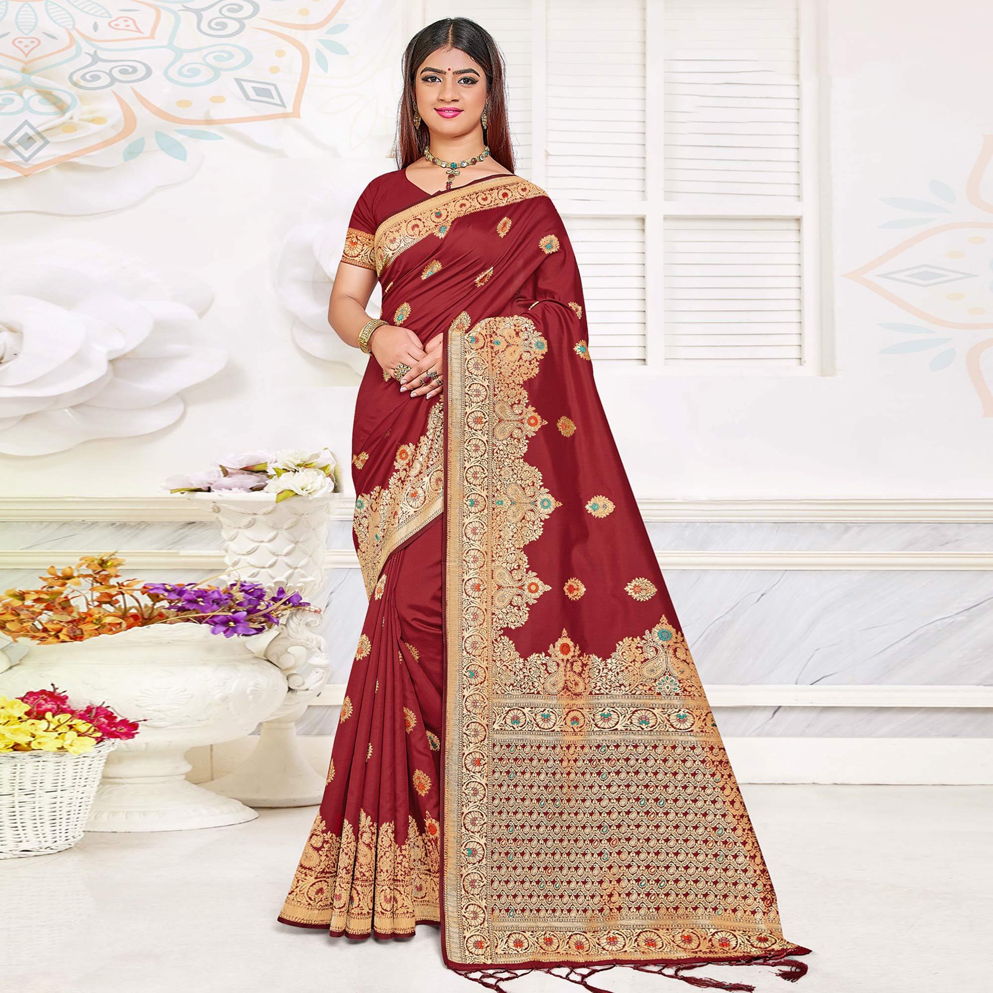 Maroon Festive Wear Woven Jari Border Soft Silk Saree - Peachmode