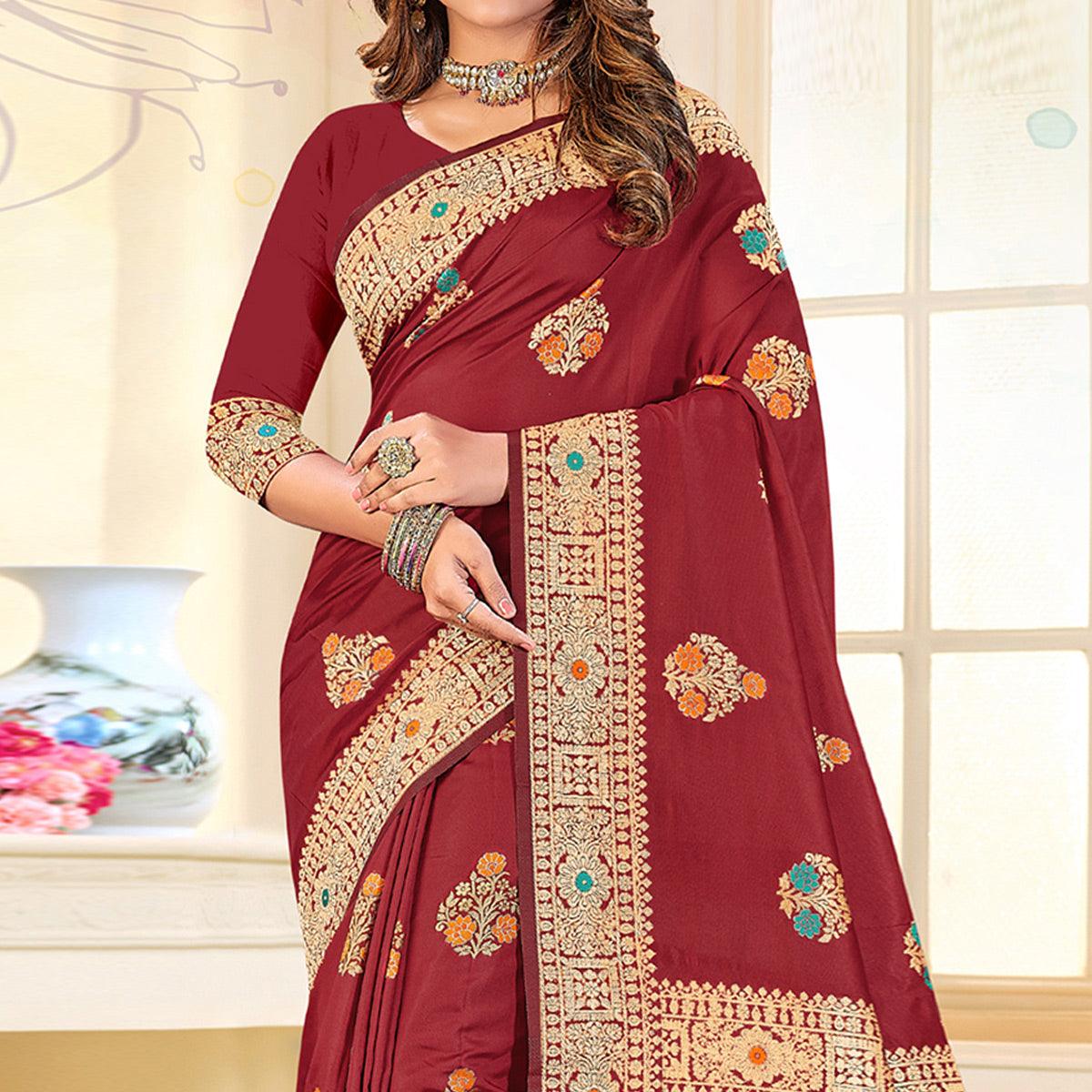 Maroon Festive Wear Woven Jari Border Soft Silk Saree - Peachmode