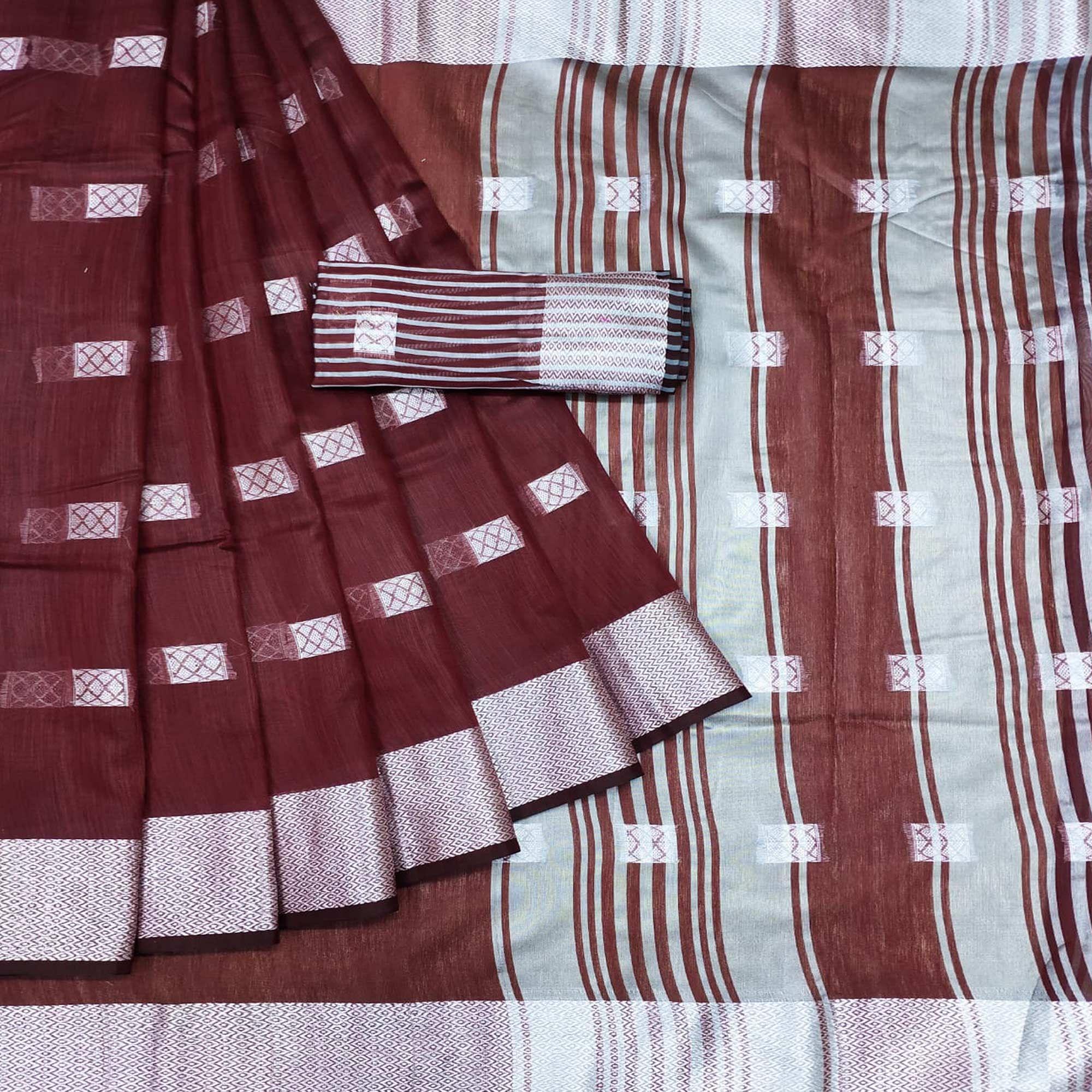 Maroon Festive Wear Woven Linen Saree - Peachmode