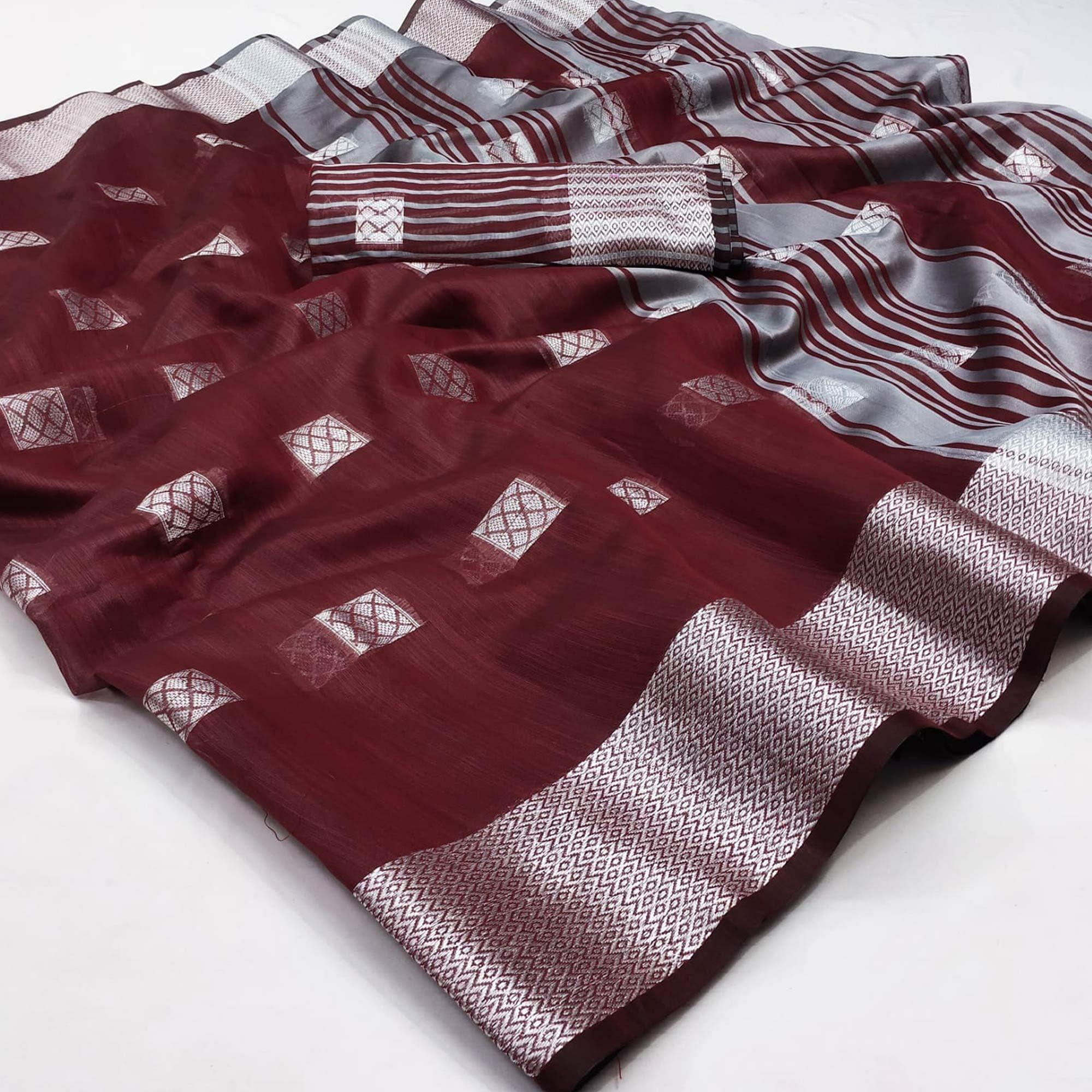 Maroon Festive Wear Woven Linen Saree - Peachmode