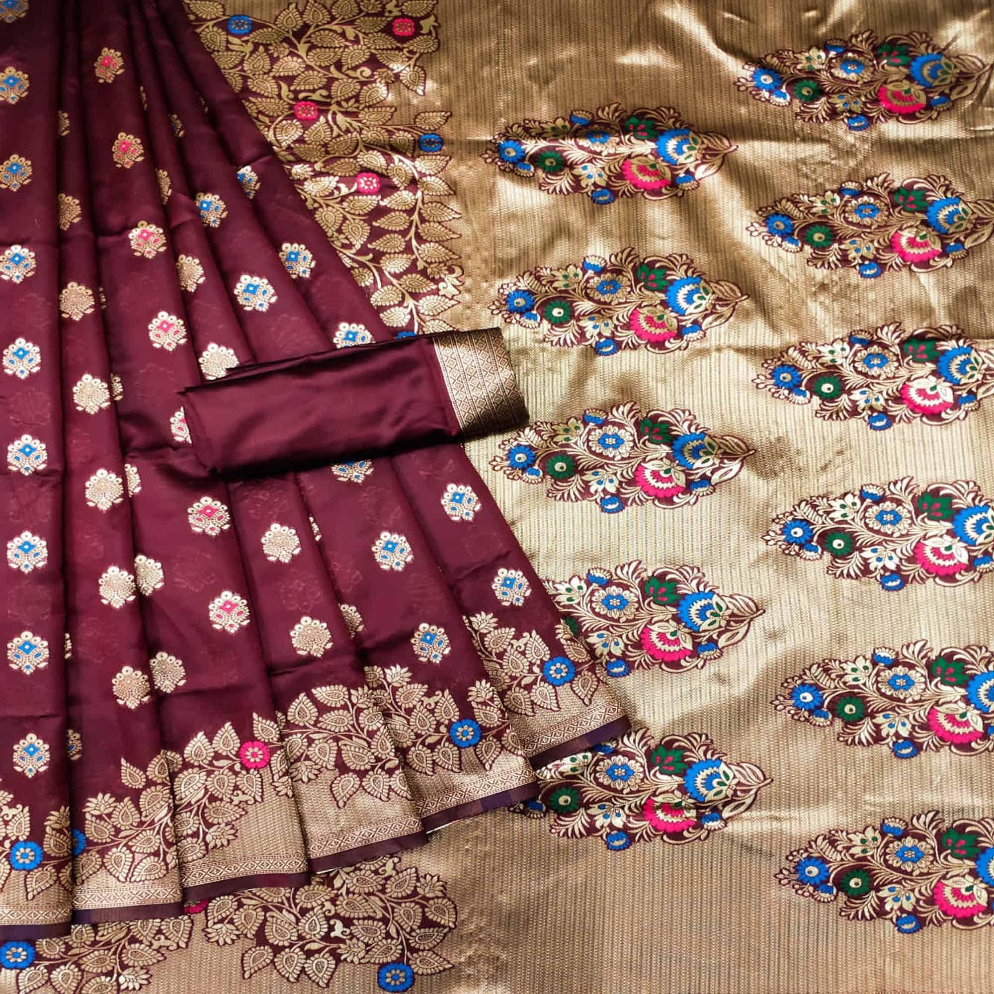 Maroon Festive Wear Woven Litchi Silk Saree - Peachmode