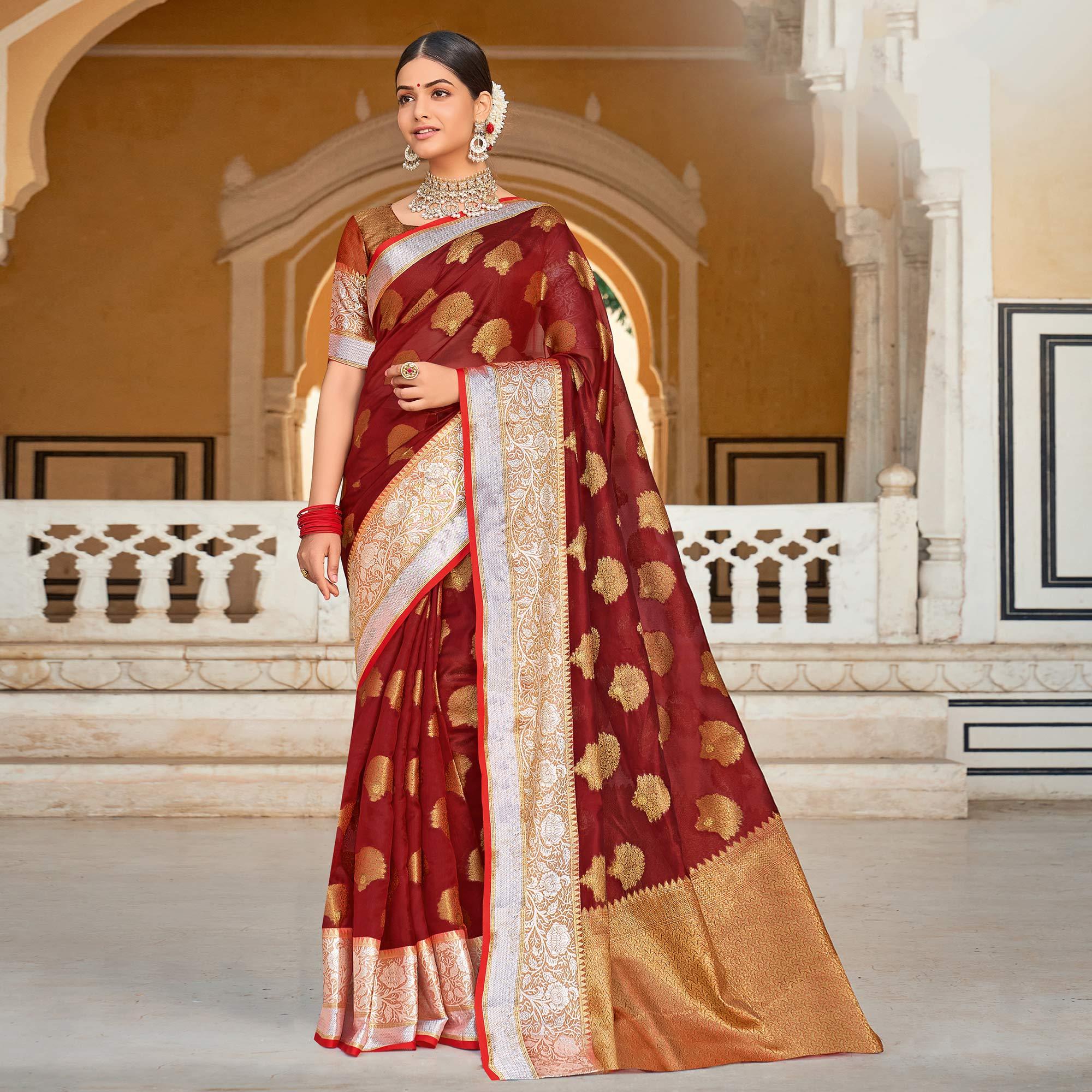 Maroon Festive Wear Woven Organza Saree - Peachmode
