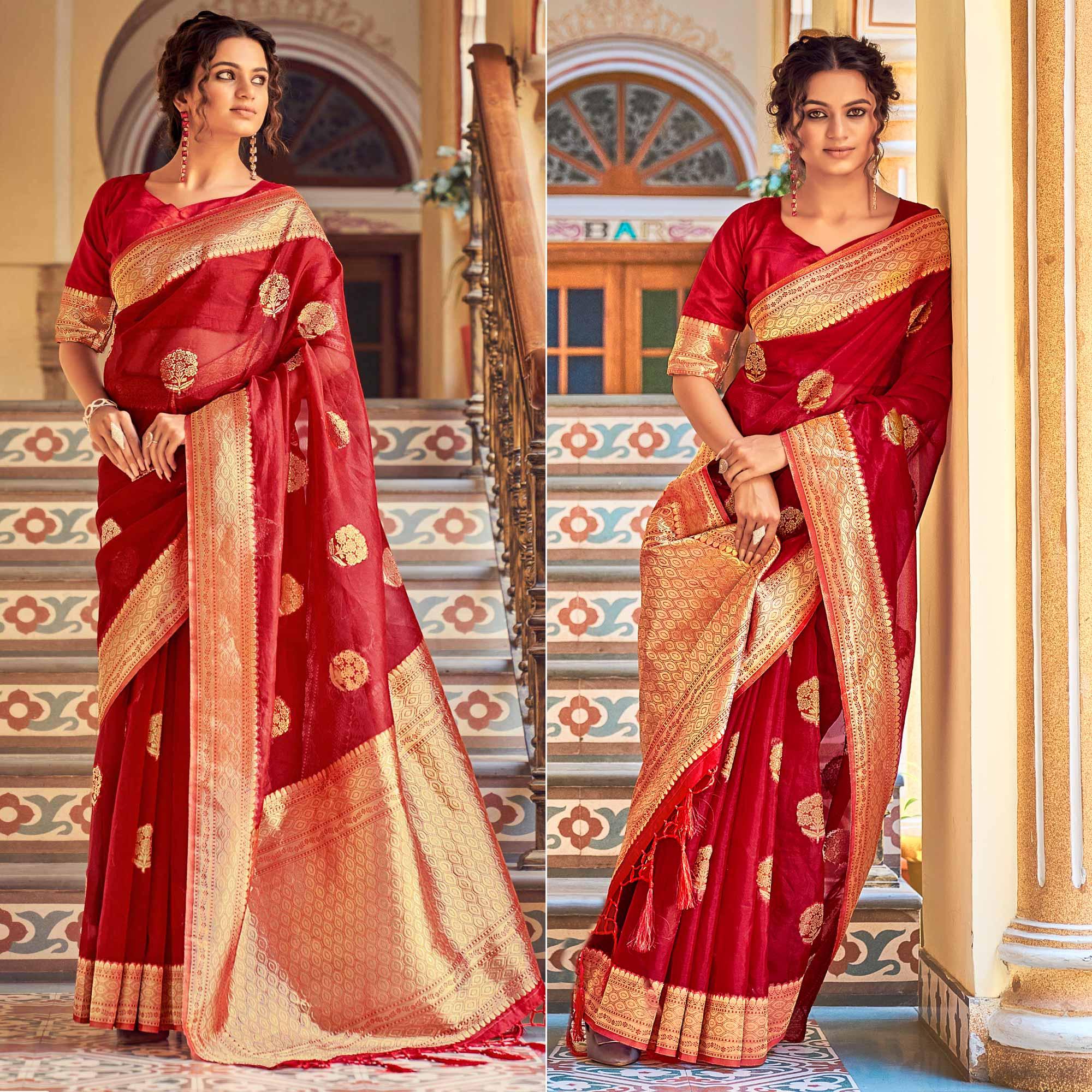 Maroon Festive Wear Woven Organza Saree - Peachmode