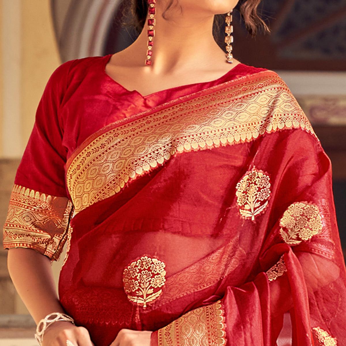 Maroon Festive Wear Woven Organza Saree - Peachmode