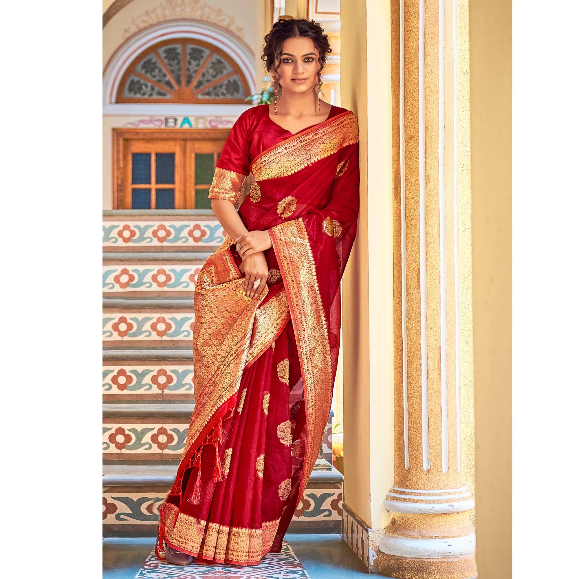 Maroon Festive Wear Woven Organza Saree - Peachmode
