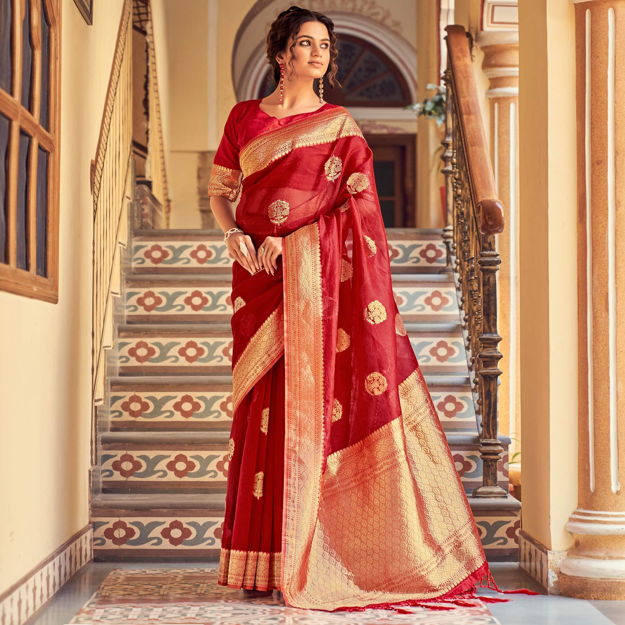 Maroon Festive Wear Woven Organza Saree - Peachmode