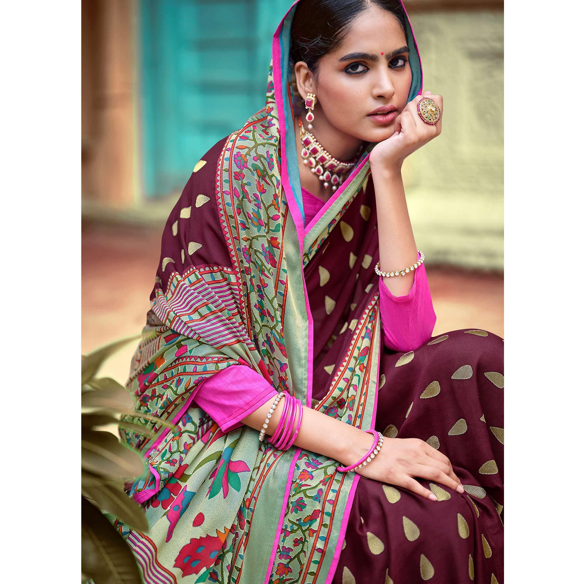 Maroon Festive Wear Woven Paithani Silk Brasso Saree - Peachmode