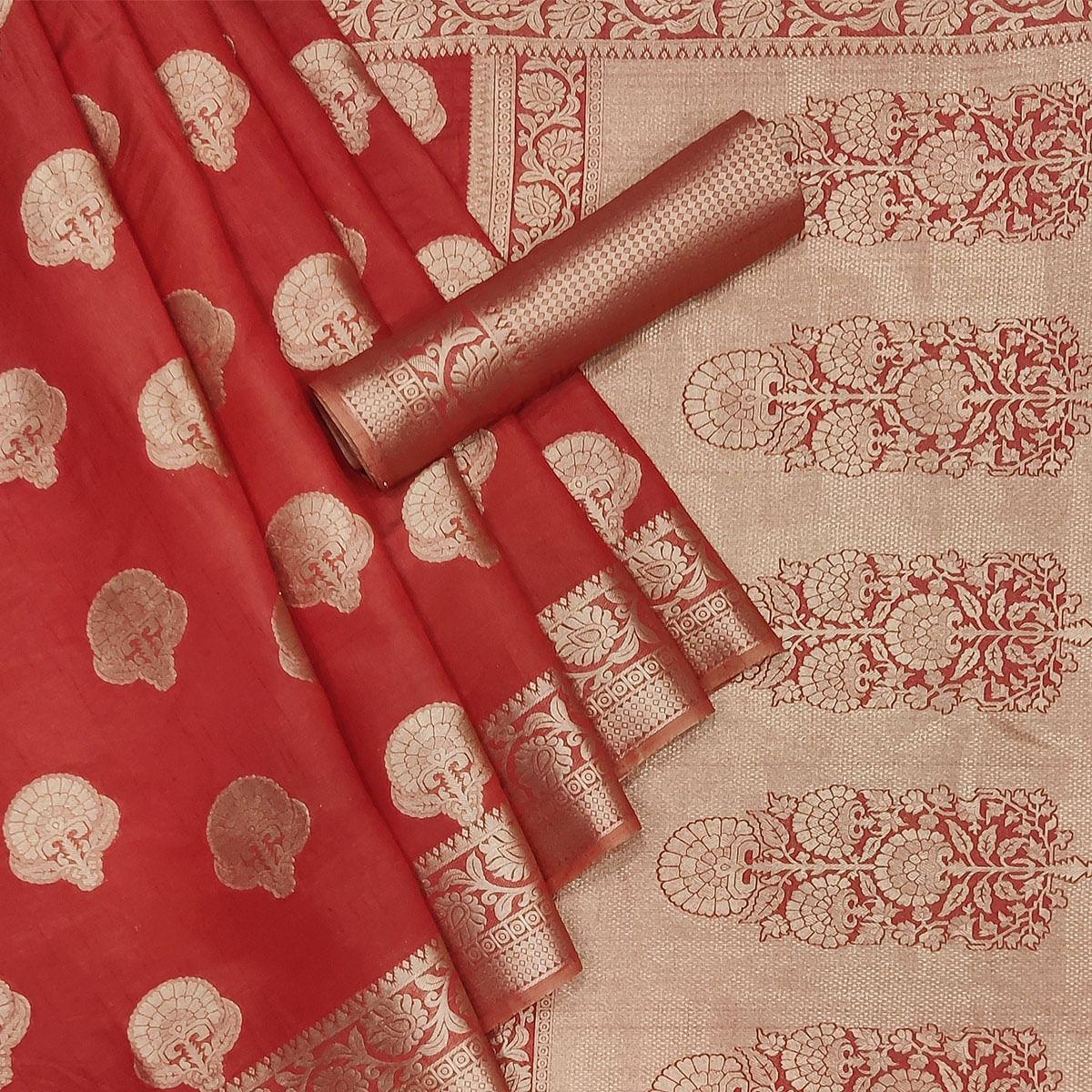Maroon Festive Wear Woven Raw Silk Saree - Peachmode