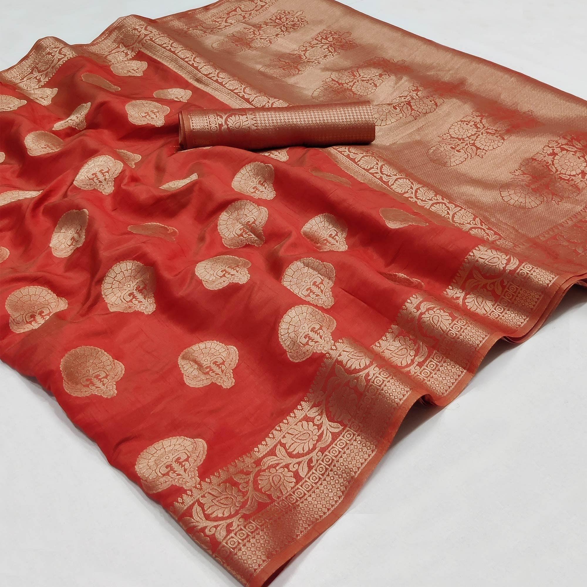 Maroon Festive Wear Woven Raw Silk Saree - Peachmode
