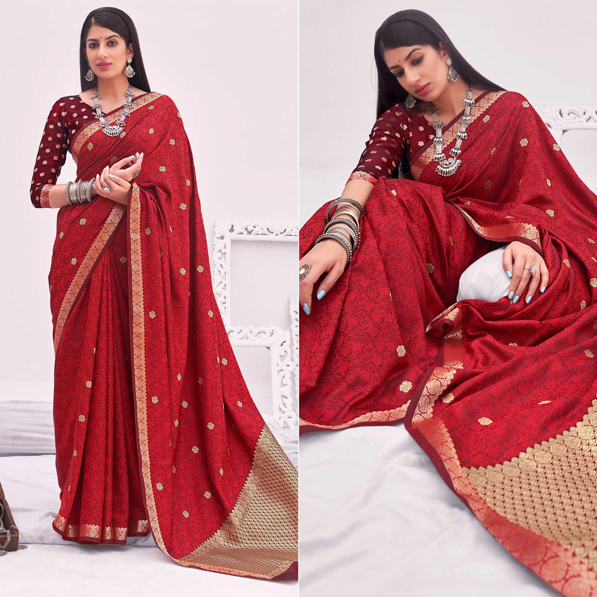 Maroon Festive Wear Woven Satin Saree - Peachmode