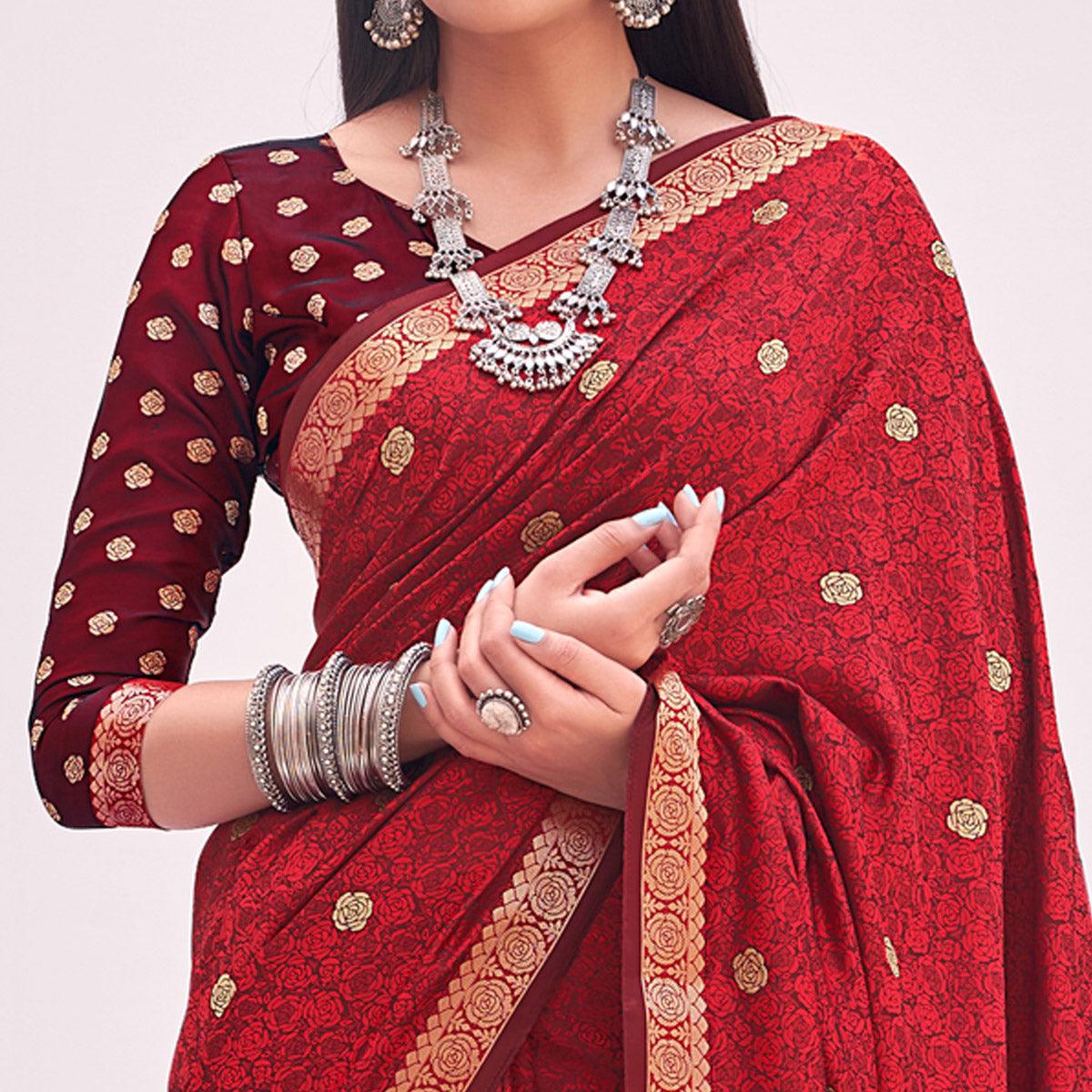 Maroon Festive Wear Woven Satin Saree - Peachmode