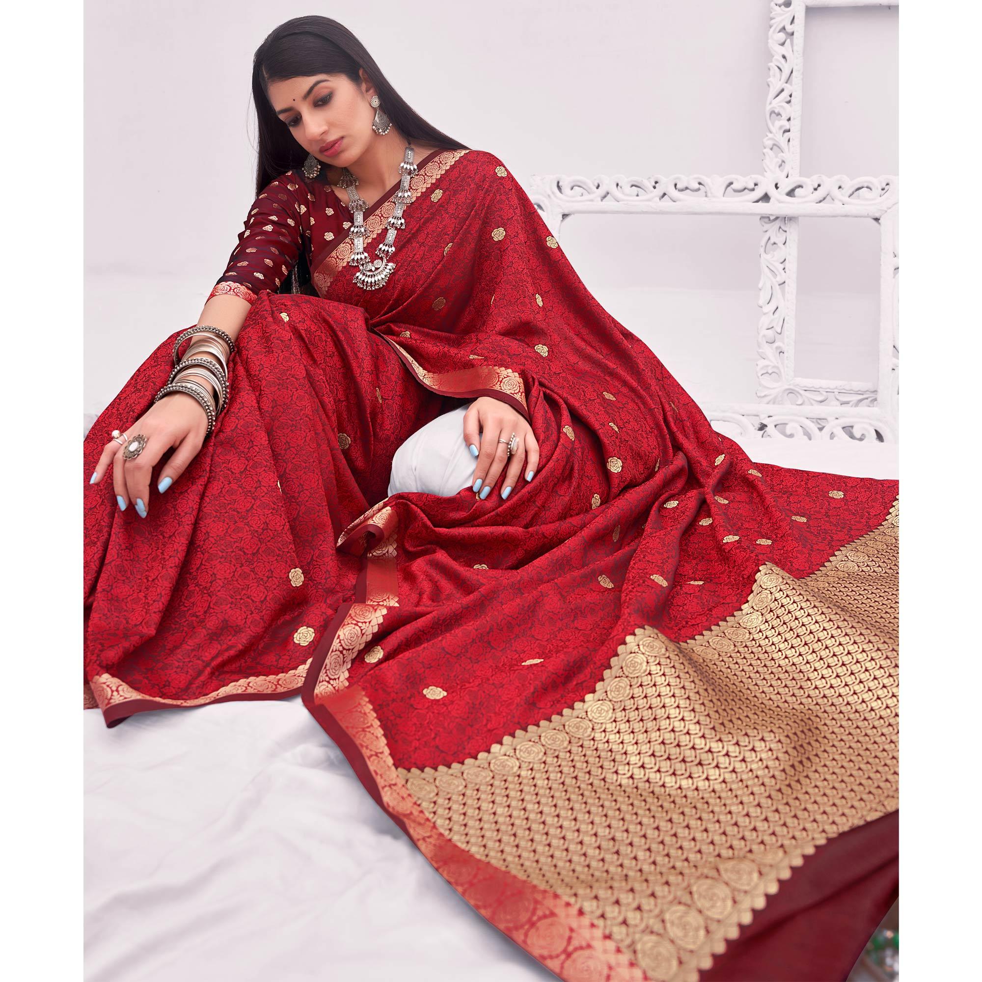 Maroon Festive Wear Woven Satin Saree - Peachmode