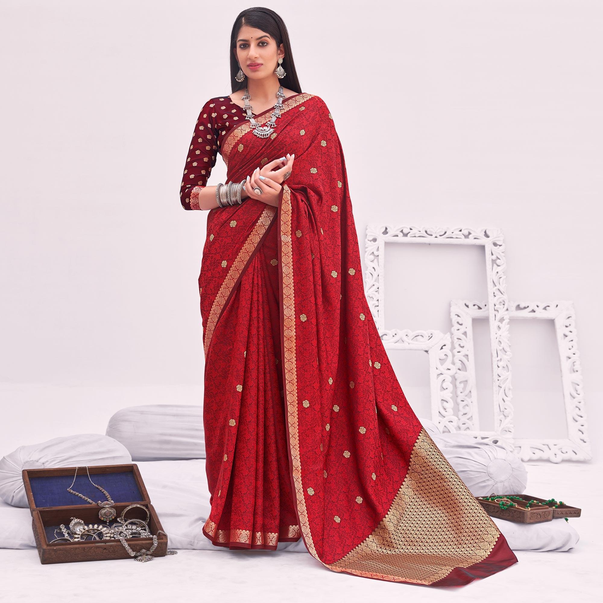 Maroon Festive Wear Woven Satin Saree - Peachmode