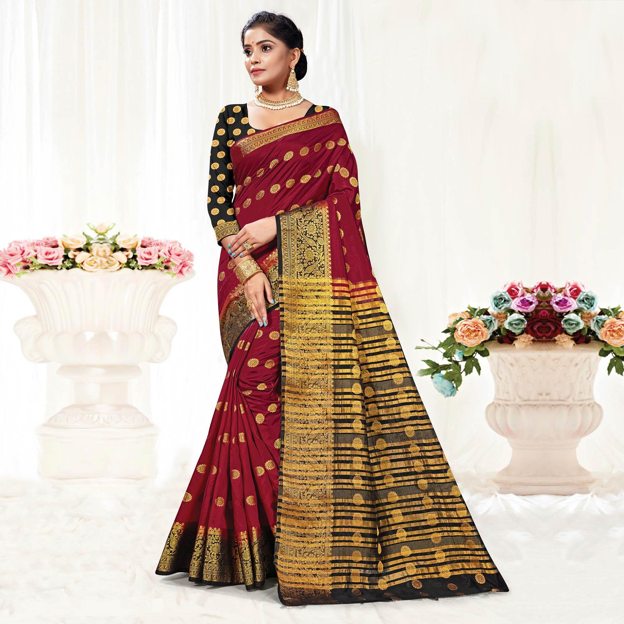Maroon Festive Wear Woven Silk Saree - Peachmode