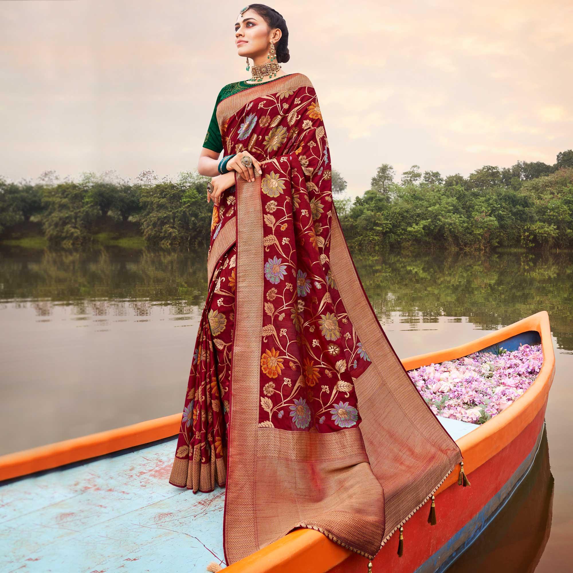 Maroon Festive Wear Woven Silk Saree - Peachmode