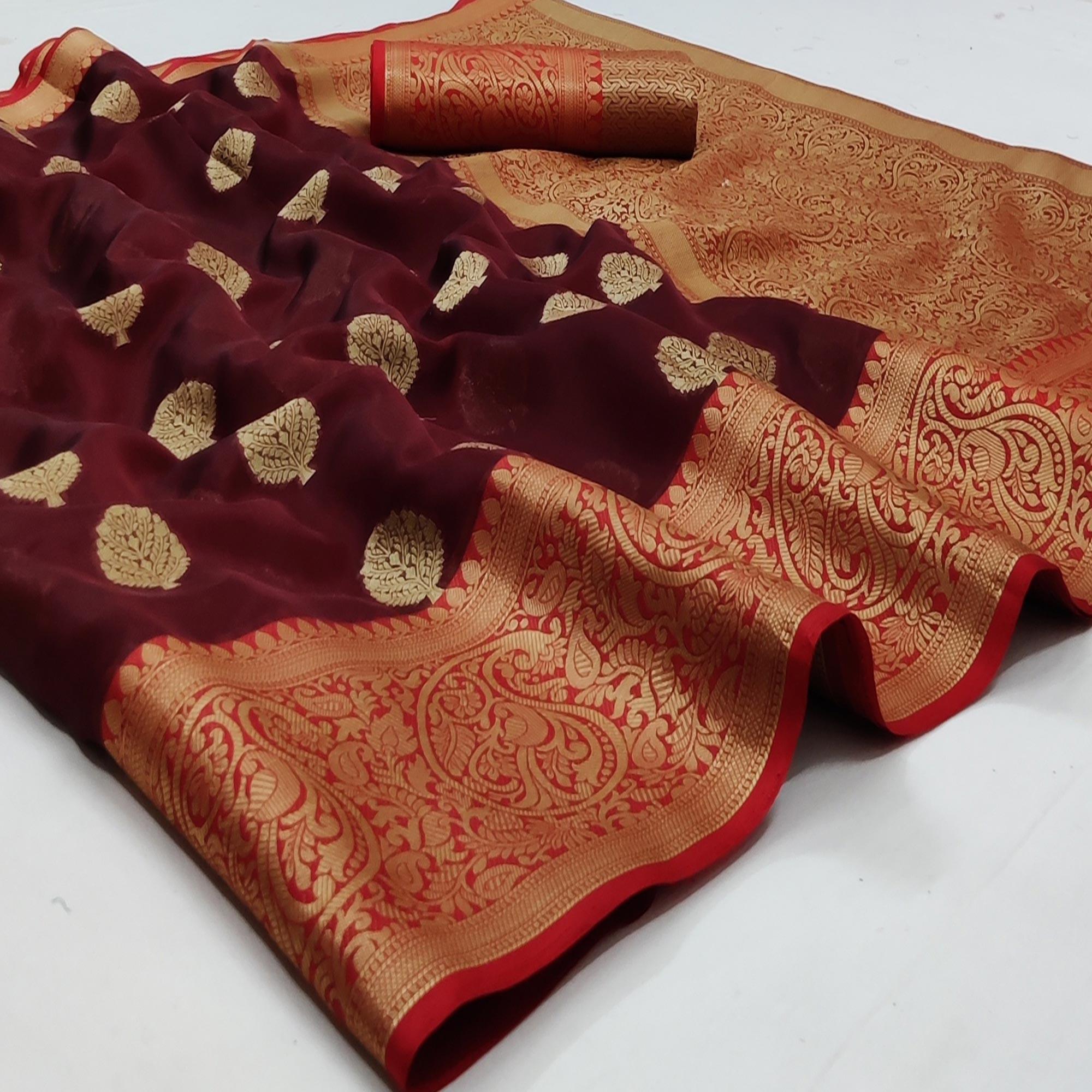 Maroon Festive Wear Woven Silk Saree - Peachmode