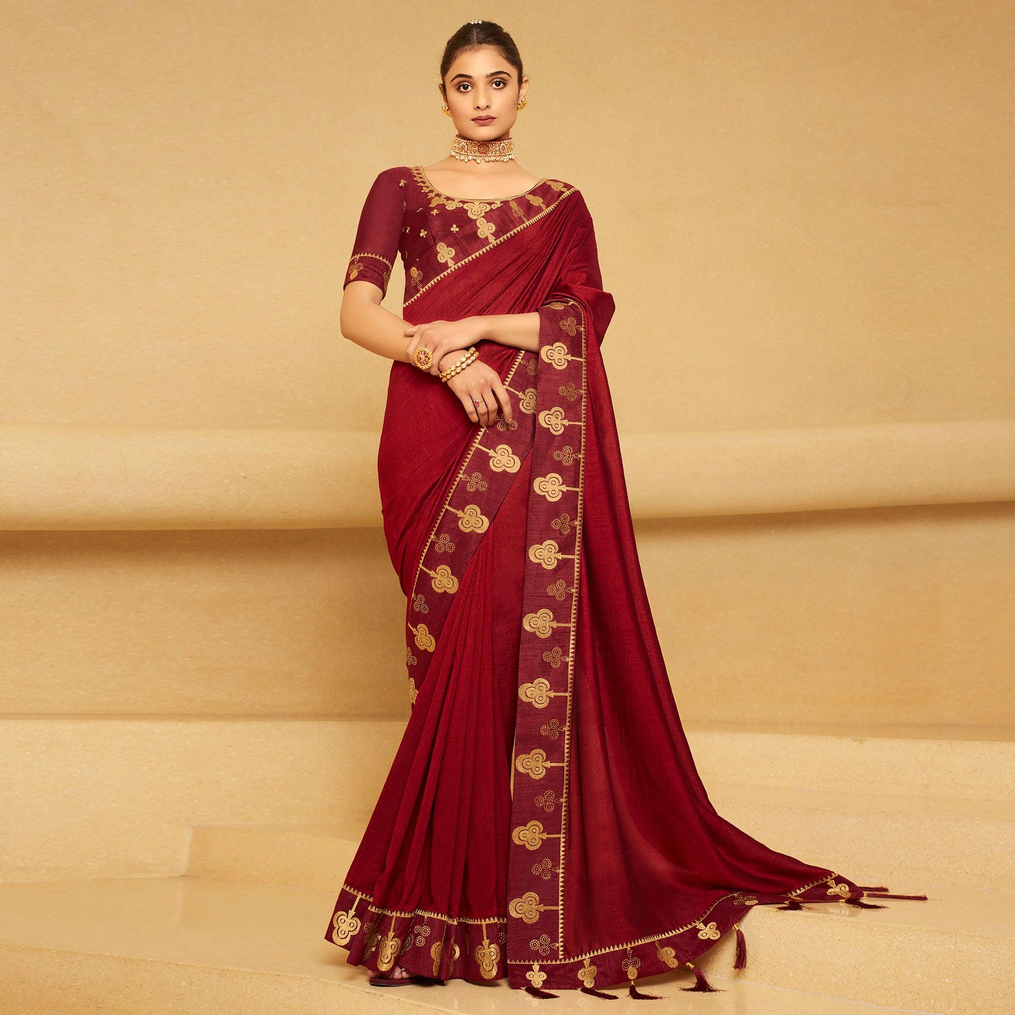 Maroon Festive Wear Woven Silk Saree - Peachmode