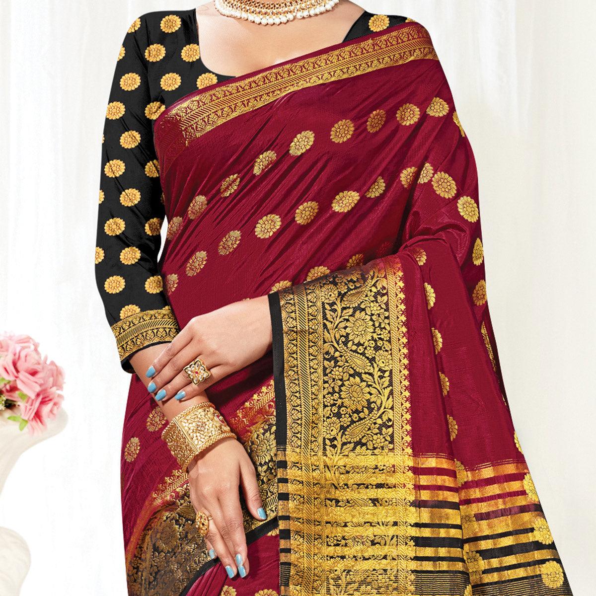 Maroon Festive Wear Woven Silk Saree - Peachmode