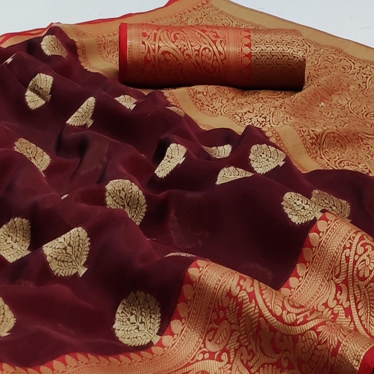 Maroon Festive Wear Woven Silk Saree - Peachmode