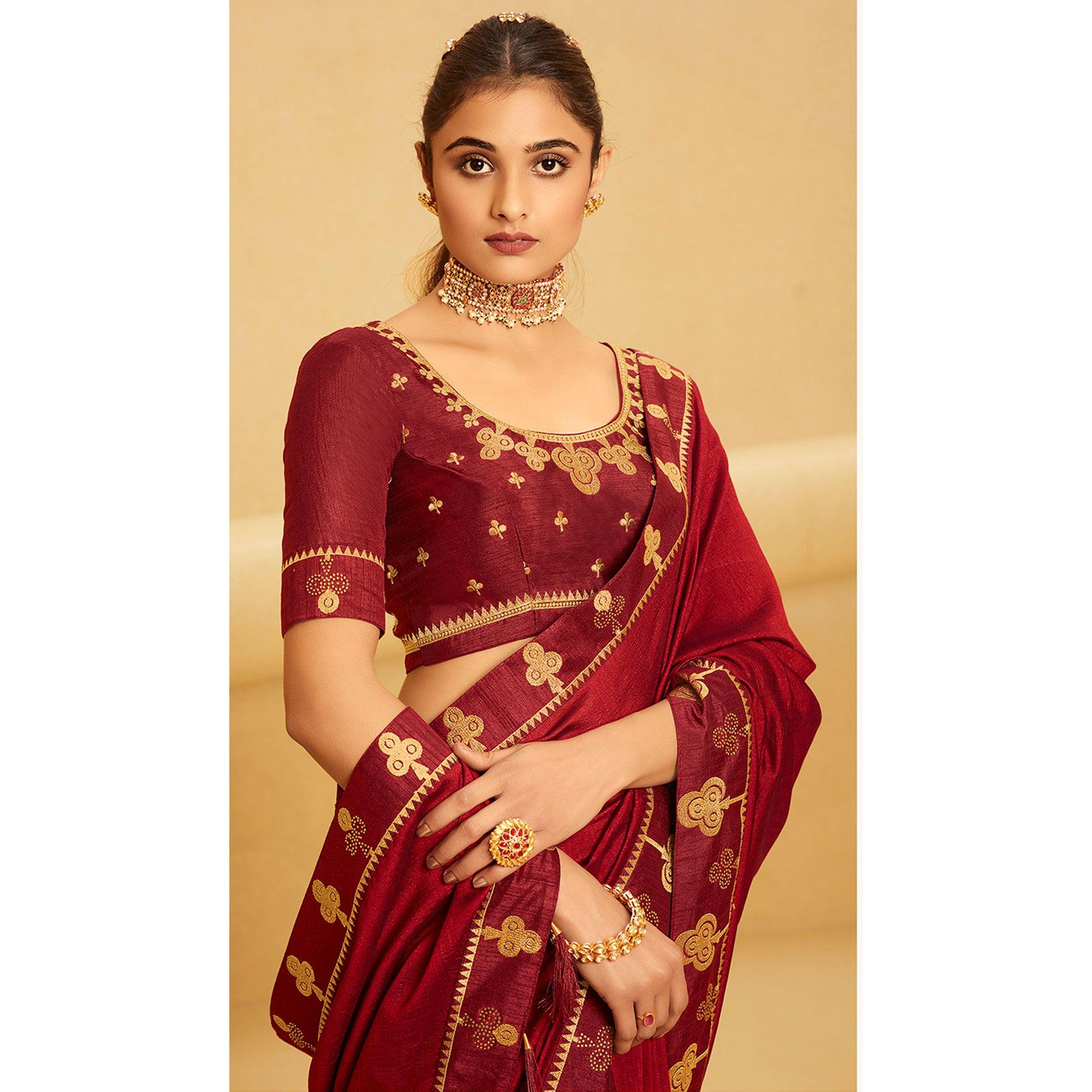 Maroon Festive Wear Woven Silk Saree - Peachmode