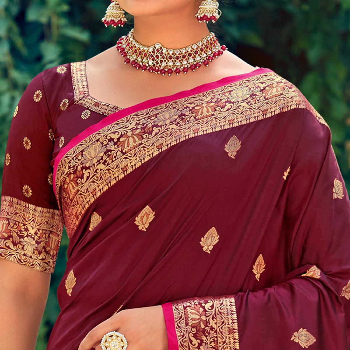 Maroon Festive Wear Woven Silk Saree - Peachmode