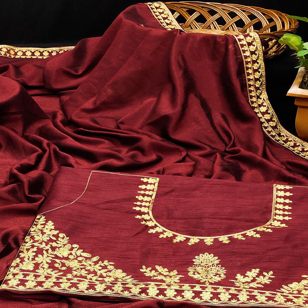 Maroon Festive Wear Woven Silk Saree - Peachmode