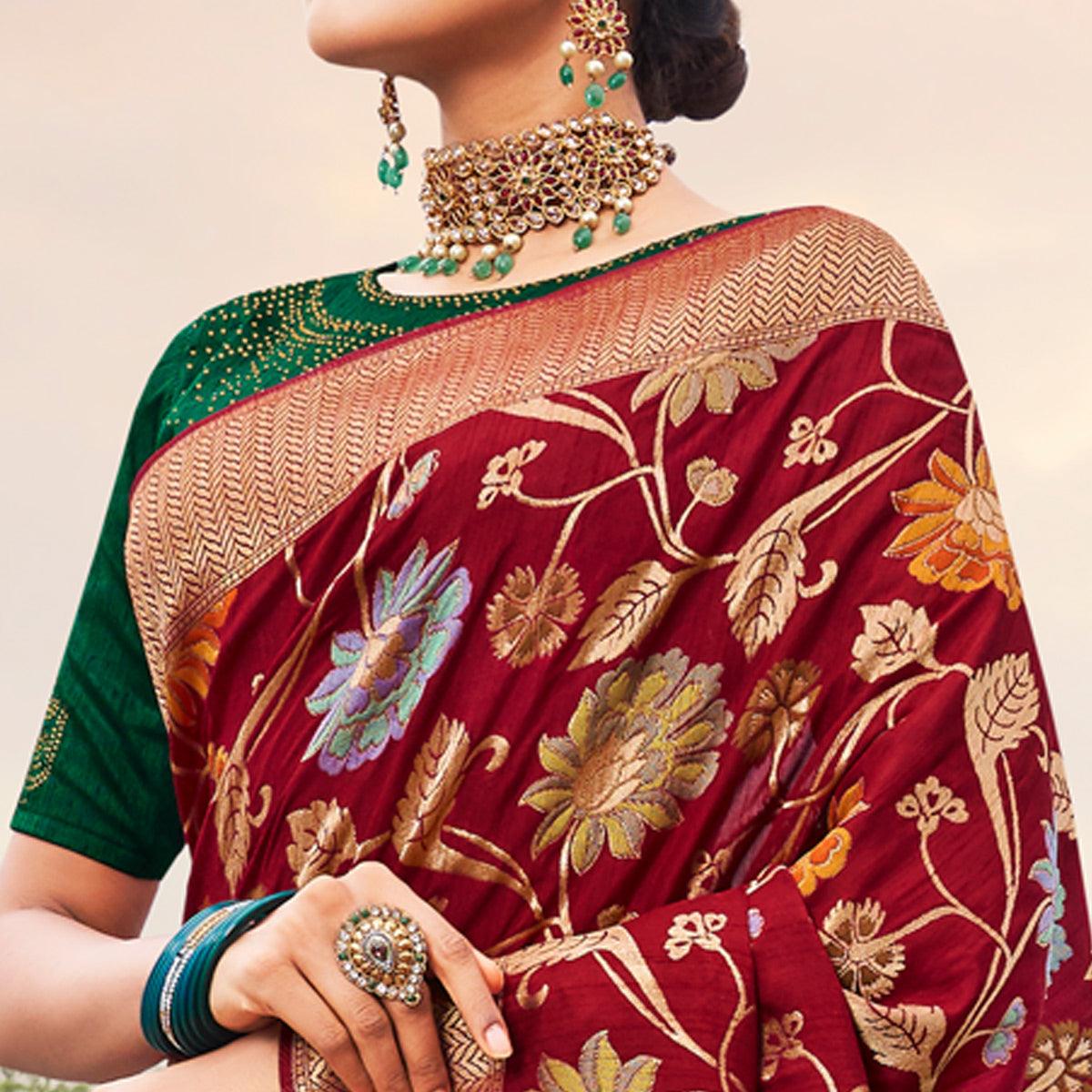 Maroon Festive Wear Woven Silk Saree - Peachmode