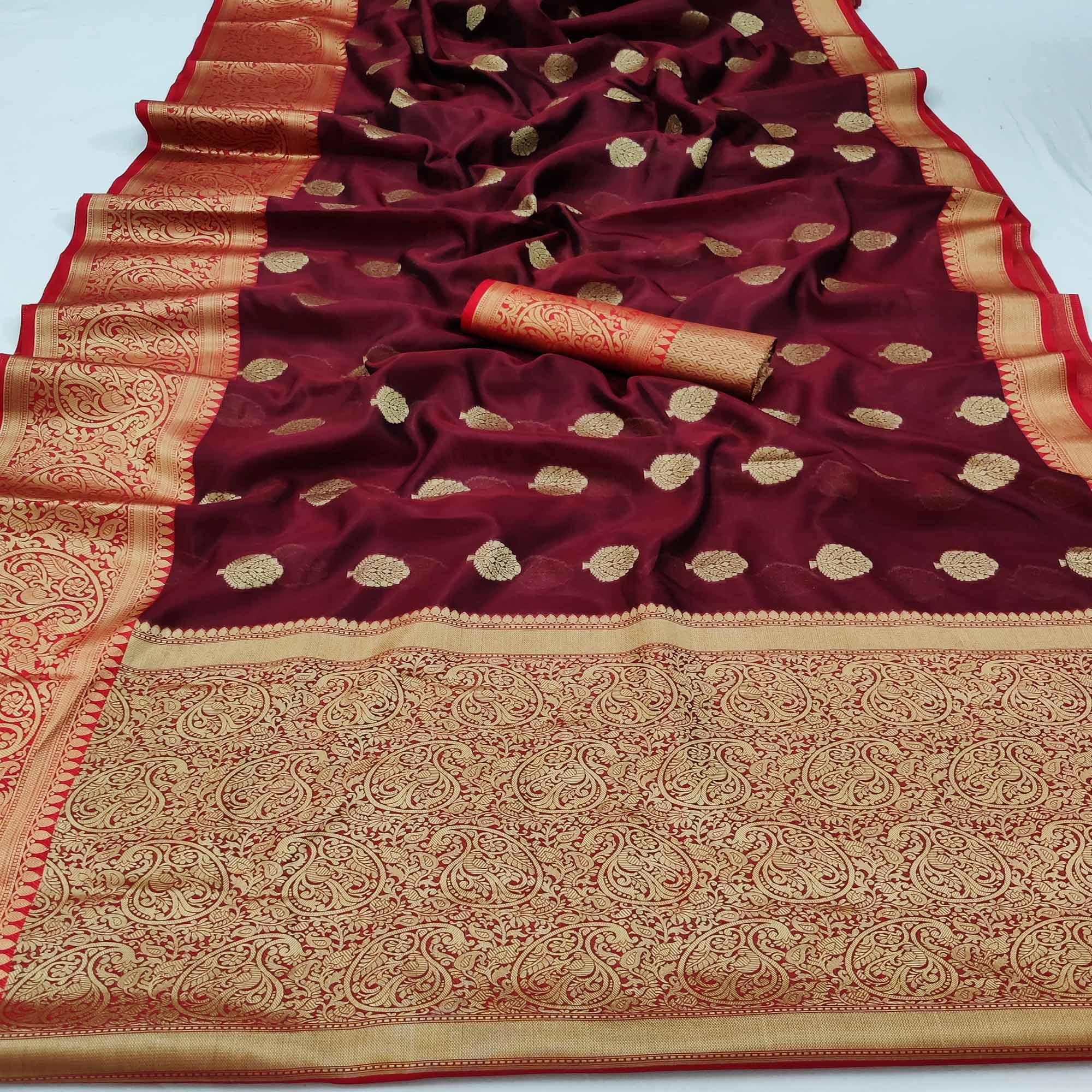 Maroon Festive Wear Woven Silk Saree - Peachmode