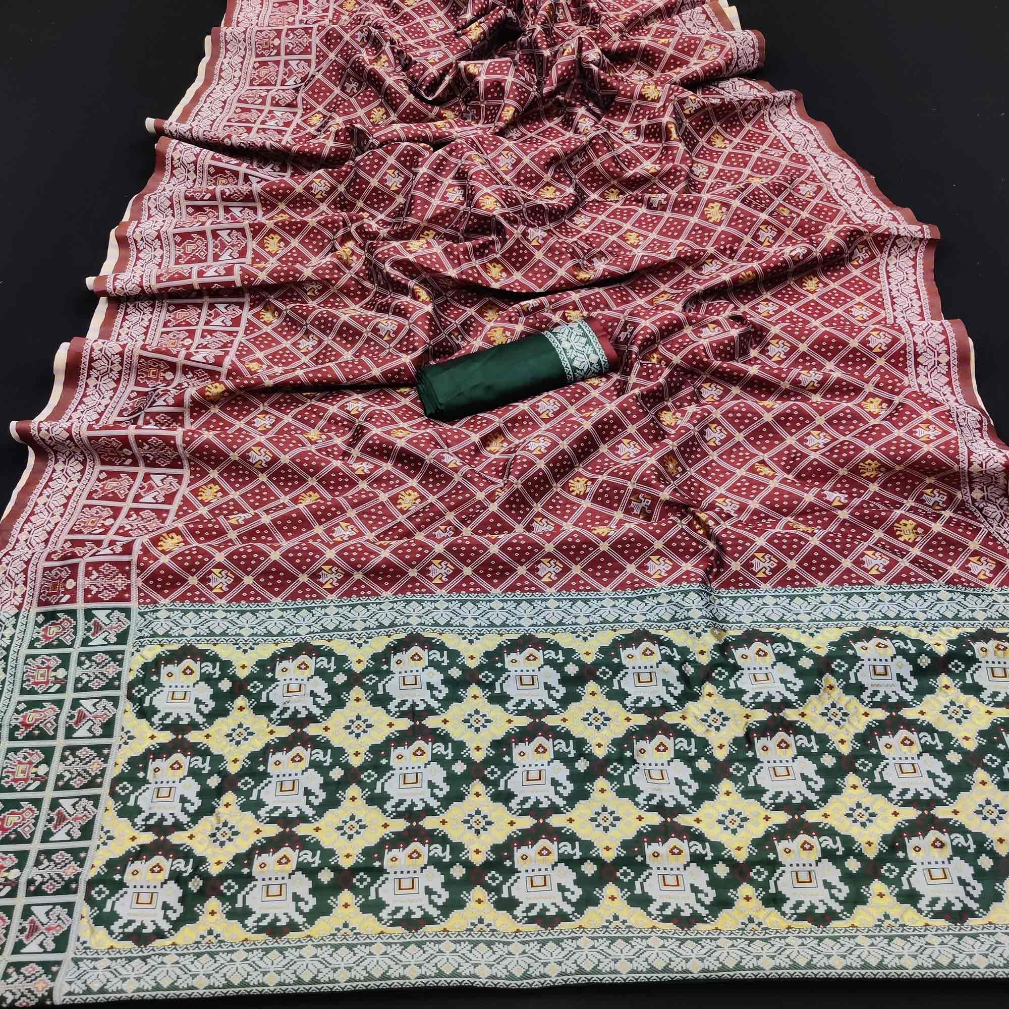 Maroon Festive Wear Woven Soft Silk Patola Saree - Peachmode