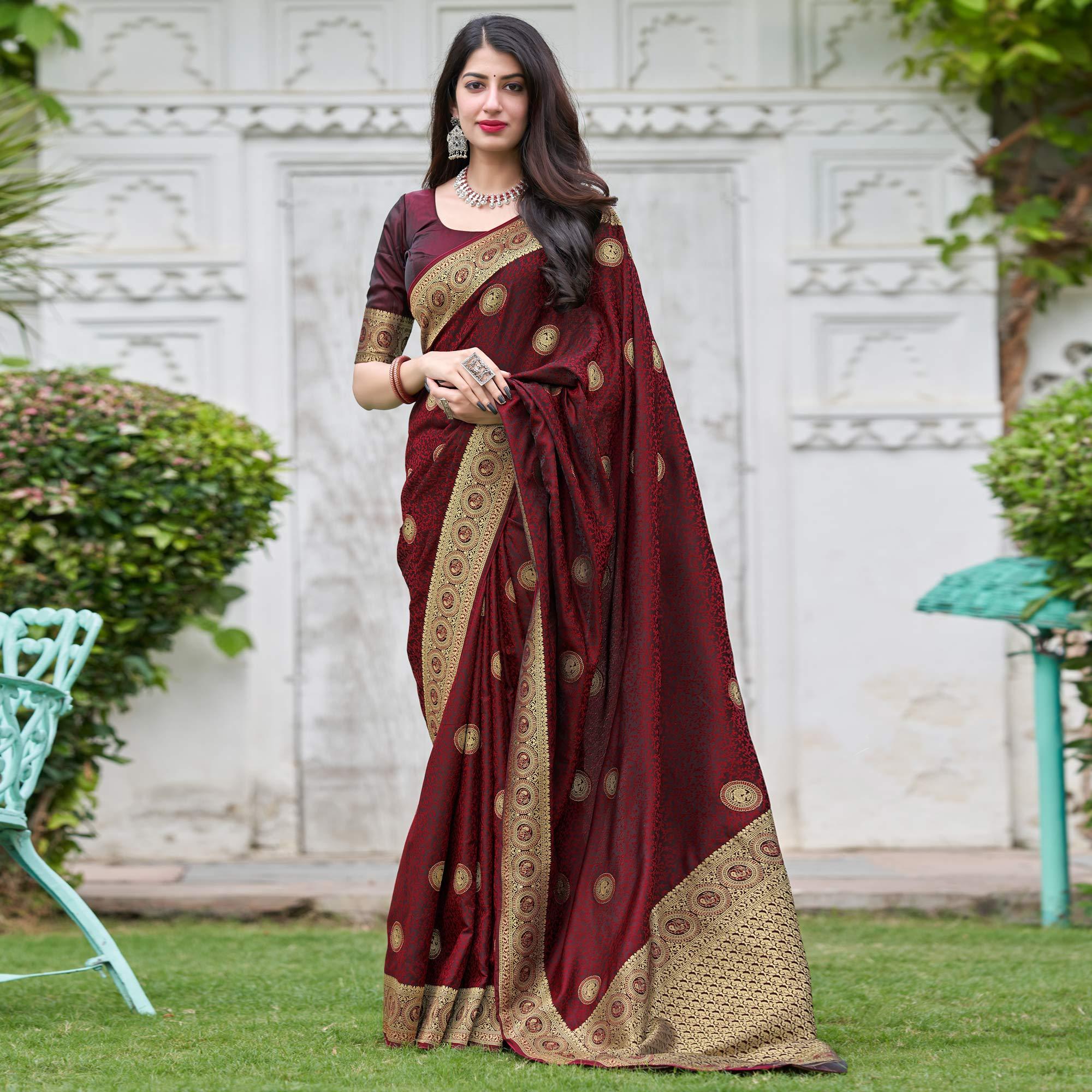 Maroon Festive Wear Woven Soft Silk Satin Saree - Peachmode