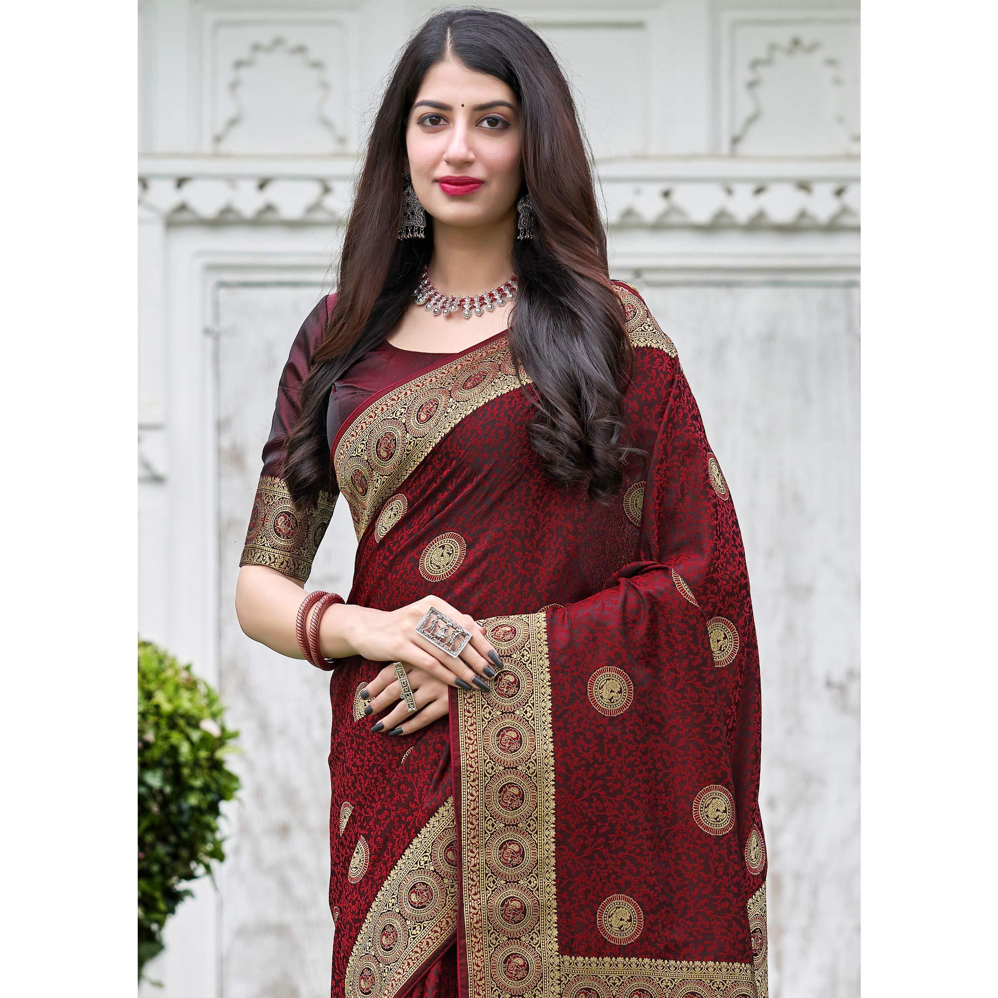 Maroon Festive Wear Woven Soft Silk Satin Saree - Peachmode