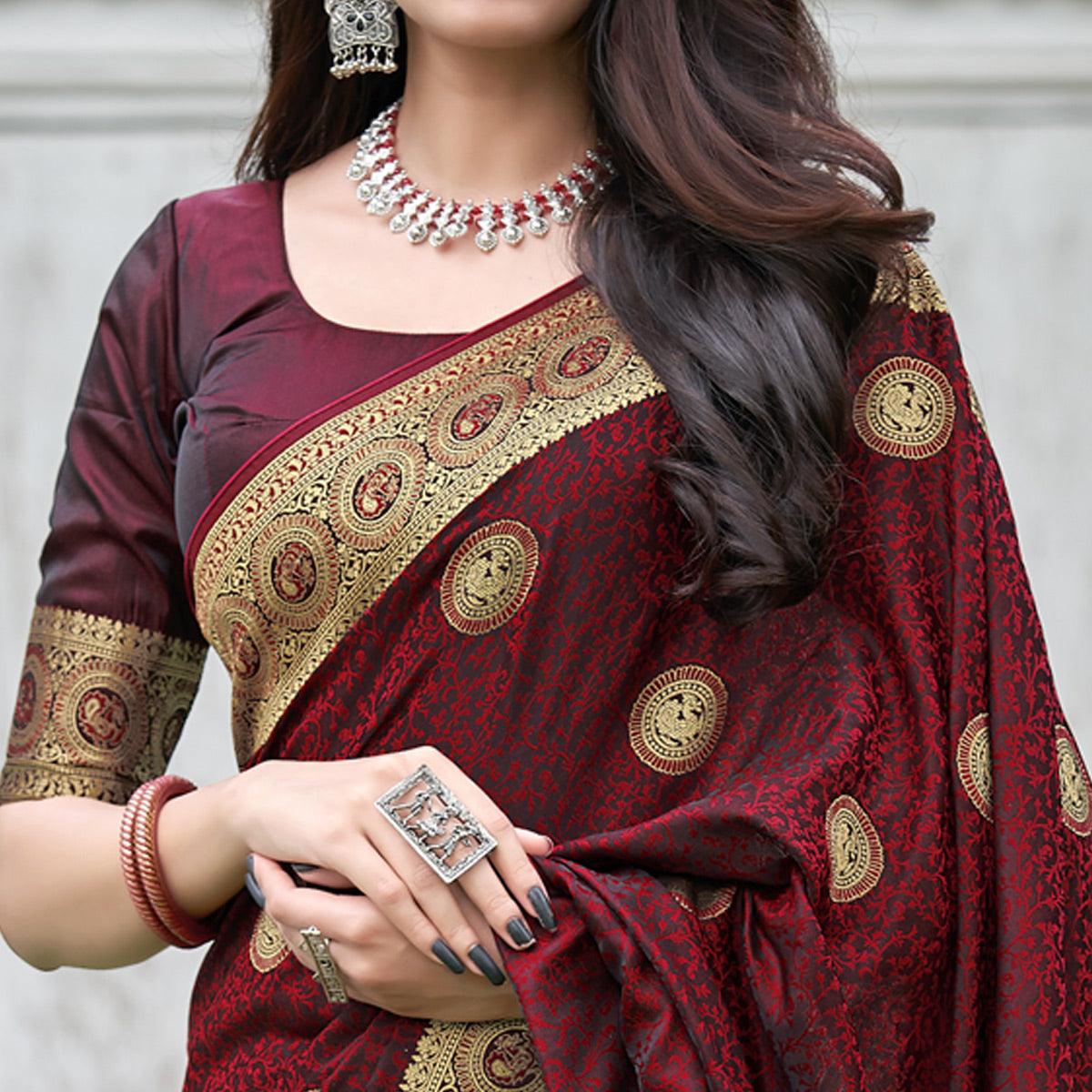 Maroon Festive Wear Woven Soft Silk Satin Saree - Peachmode
