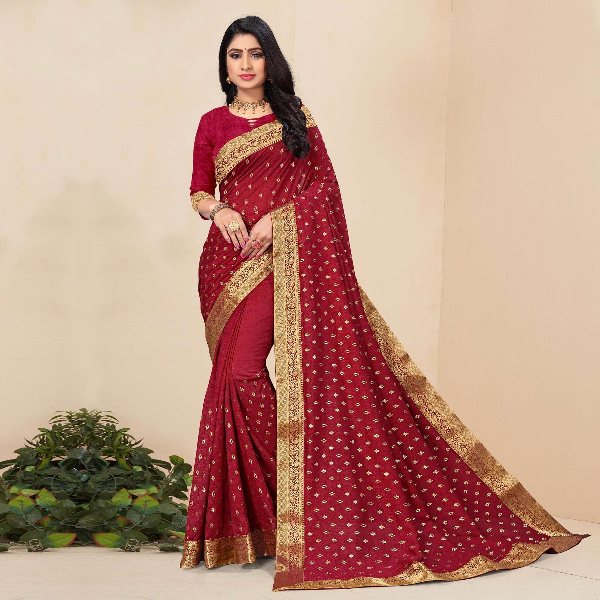 Maroon Festive Wear Woven Vichitra Silk Saree - Peachmode