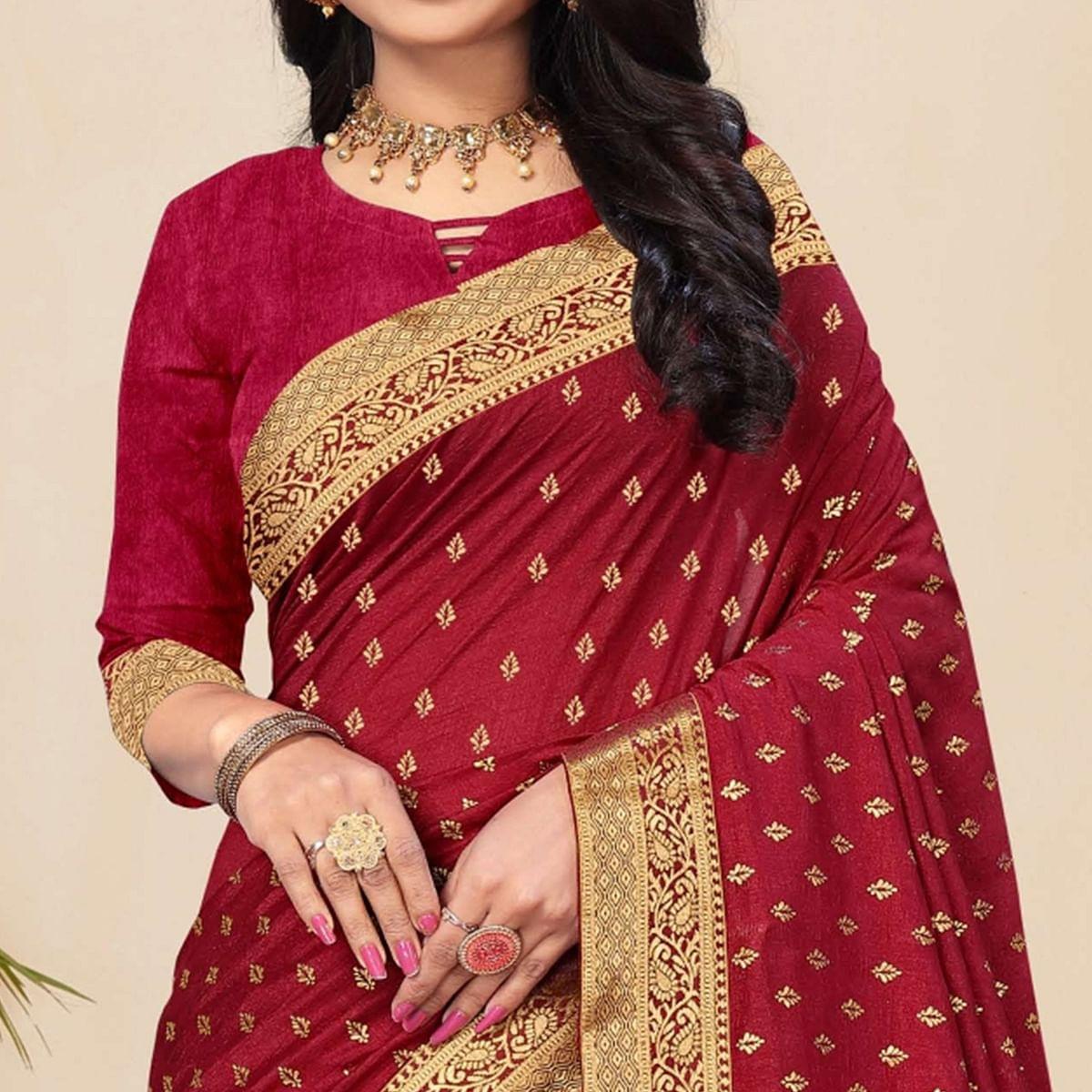 Maroon Festive Wear Woven Vichitra Silk Saree - Peachmode